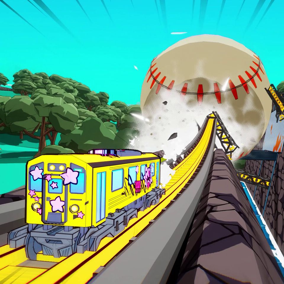 Denshattack - A train speeding away from a giant baseball