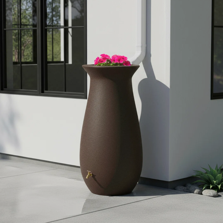 wayfair rain barrel beside a house