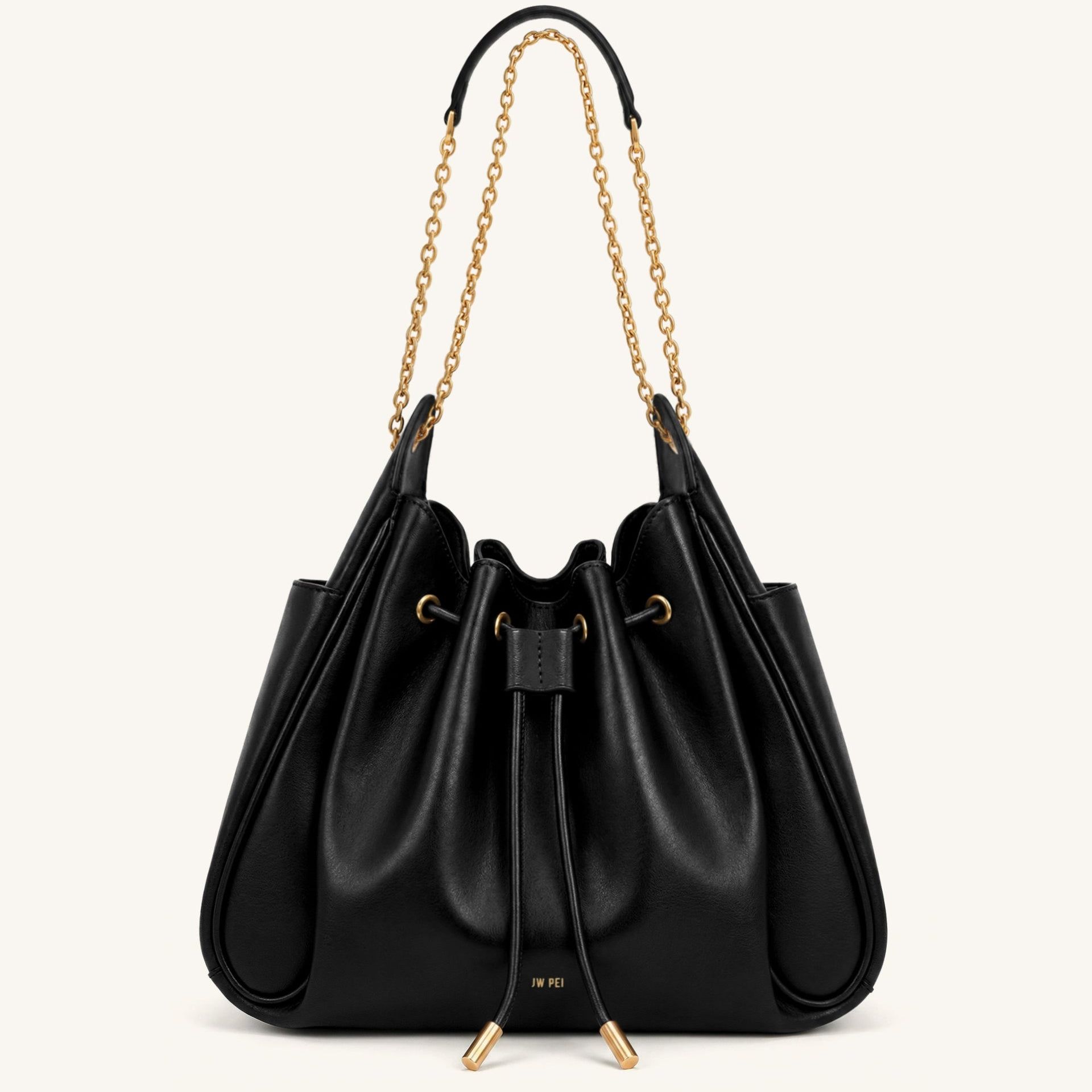 Rowan Ruched Drawstring Chain Bucket Bag - Black