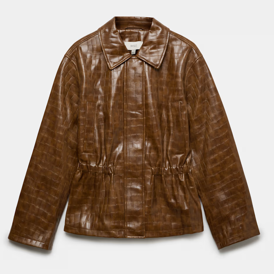 M&amp;amp;S, tan, croc-textured faux leather jacket