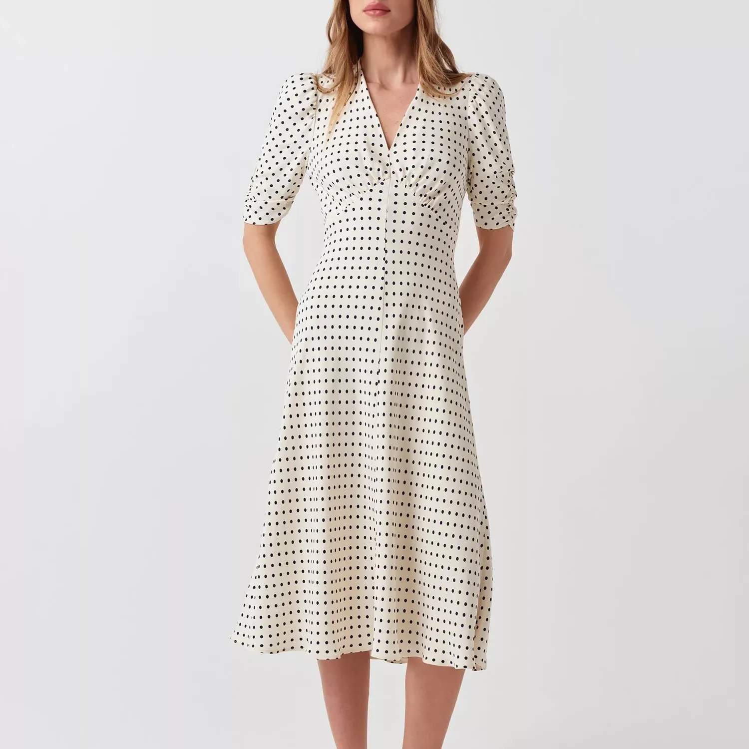 Ghost Mia V-Neck Short Sleeve Midi Dress, Ivory Spot