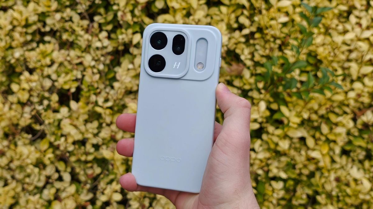 The Oppo Find X10 in a silicone case against a wall of yellow leaves