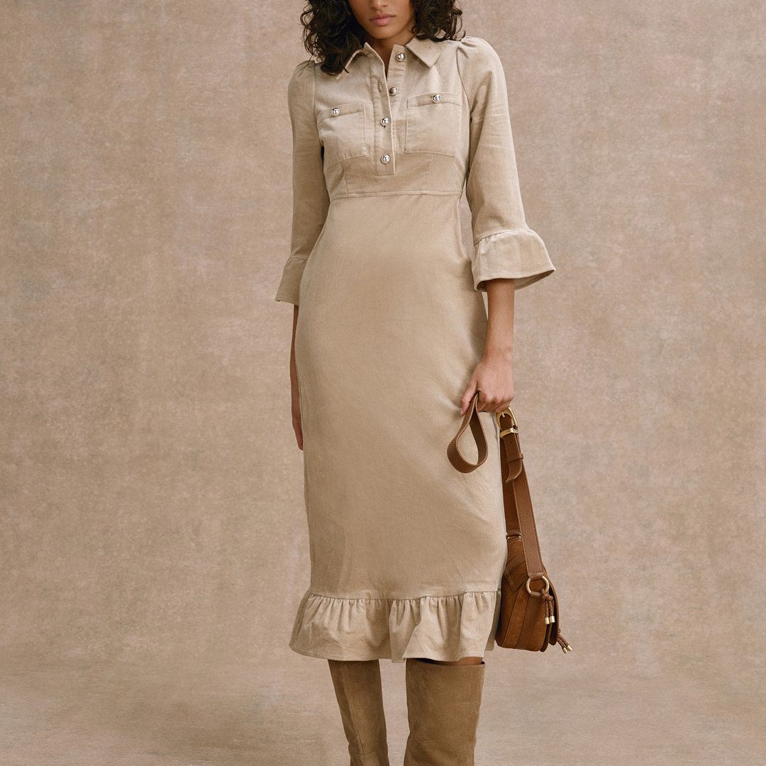 Neutral Corduroy Midi Dress