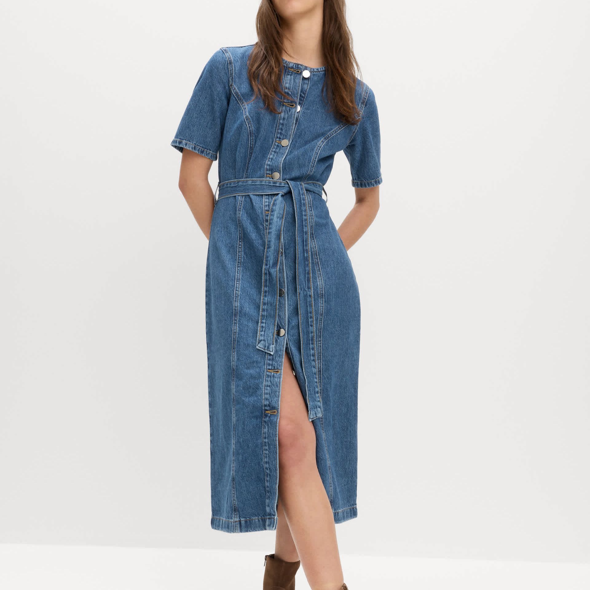 Denim Button Through Midi Waisted Dress