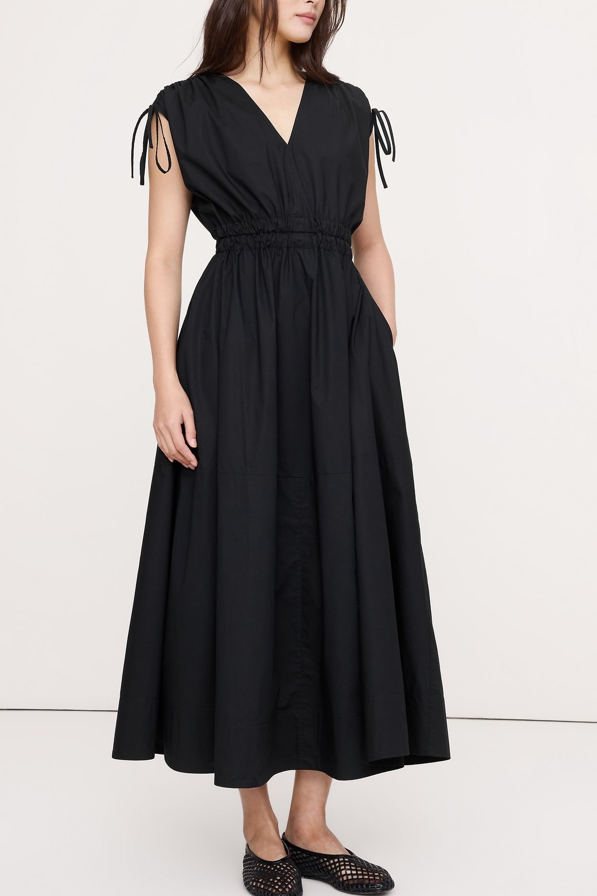 Poplin Ruched-Shoulder Maxi Dress