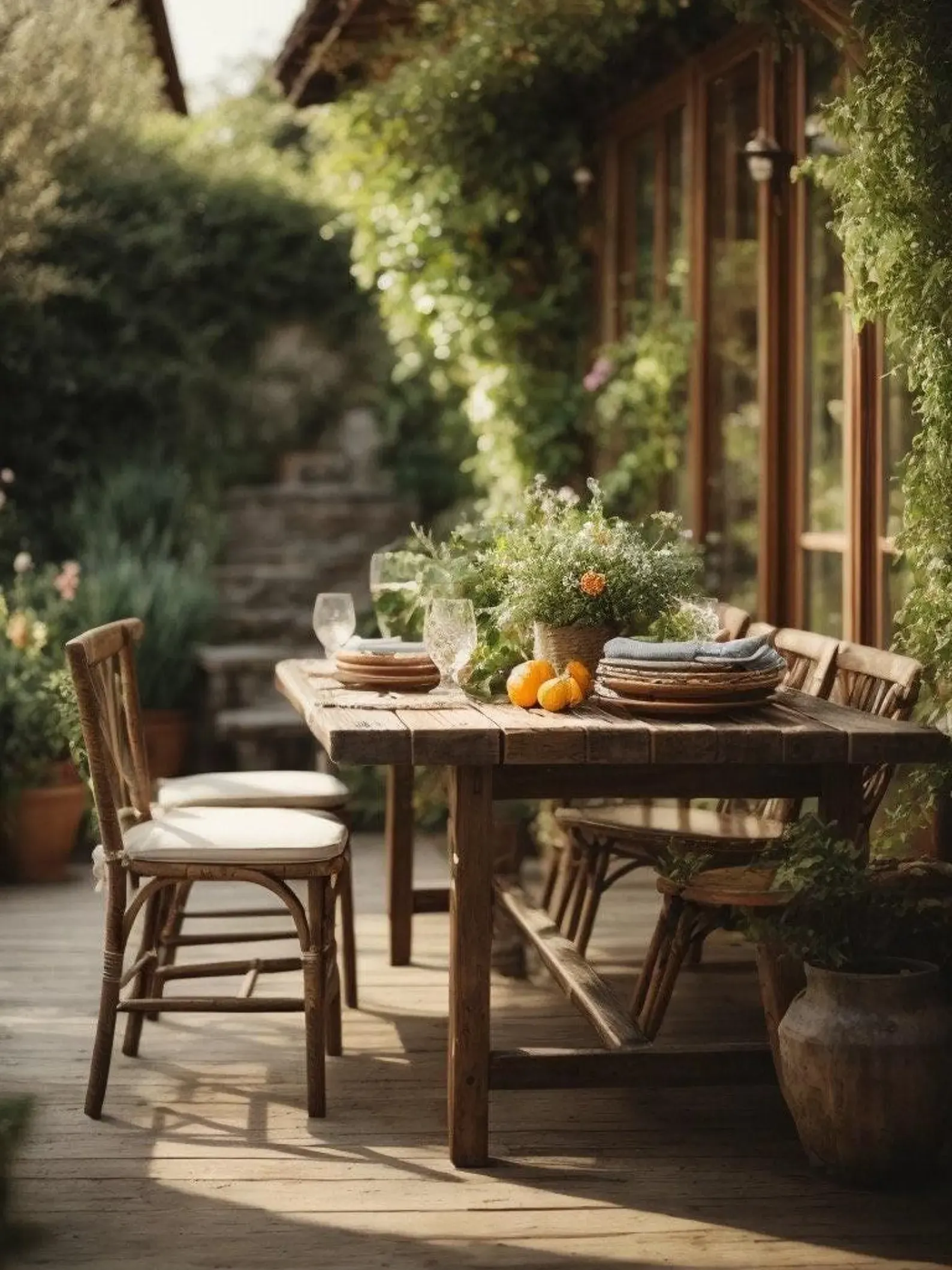 wood patio set in a garden