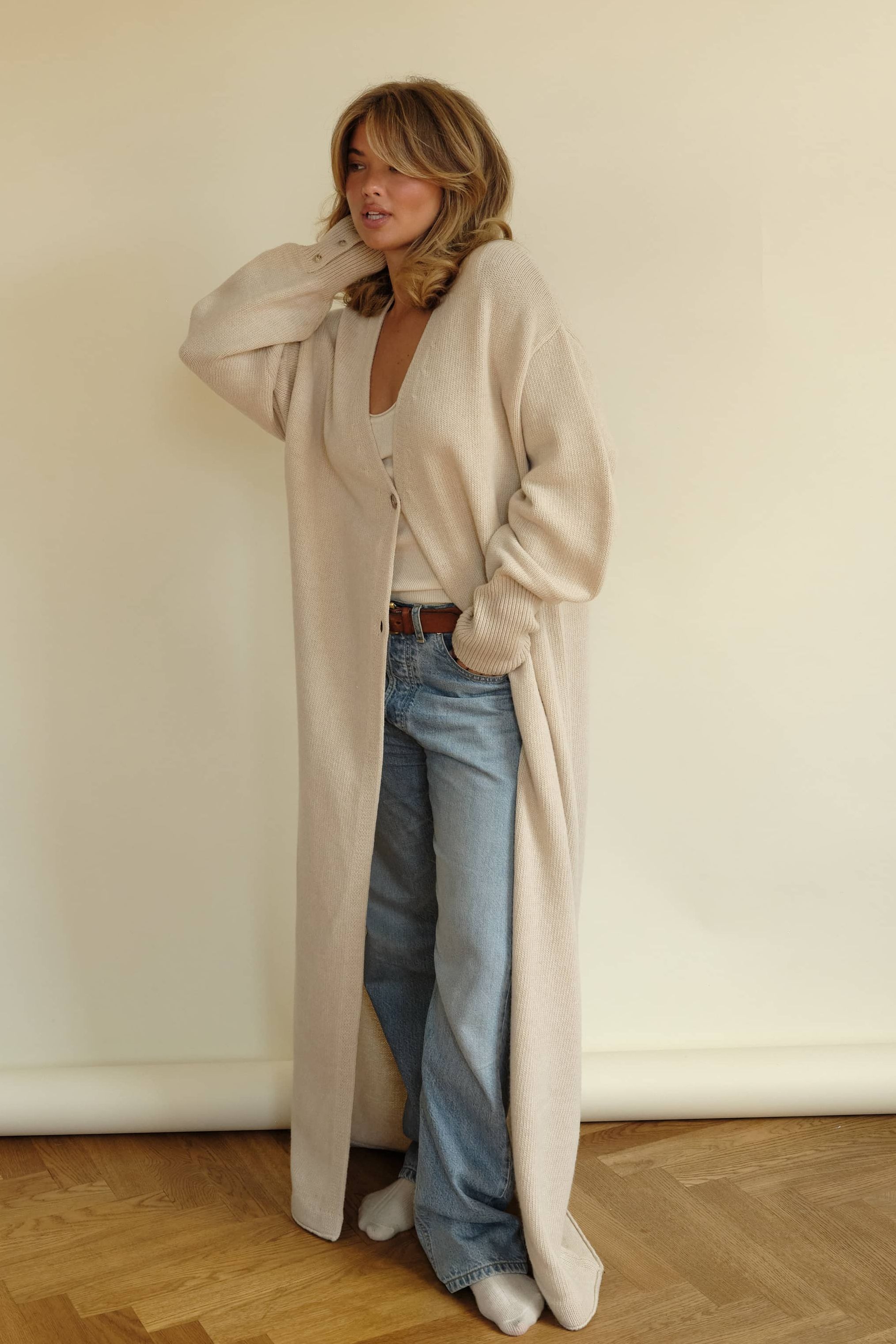 Long Knitted Cardigan Light Oat