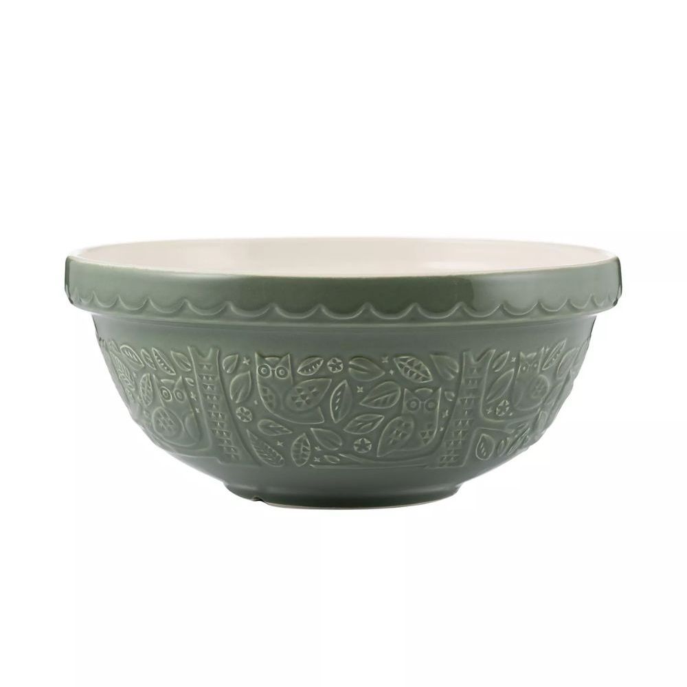 Sage green ceramic mixing bowl with botanical motifs