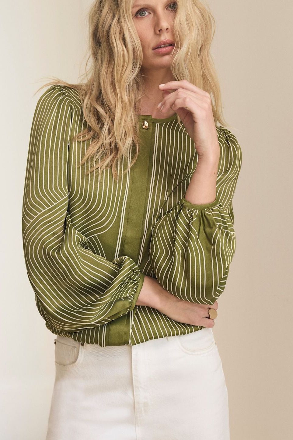 Olive Green Satin Printed Bomber Blouse