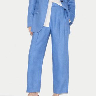 Linen Pleat Tapered Trouser | Blue