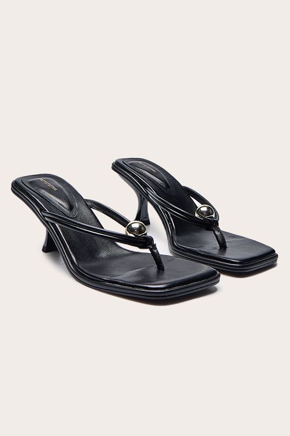 Black Pu Square Toe Thong Gold Trim Mid Heeled Mules