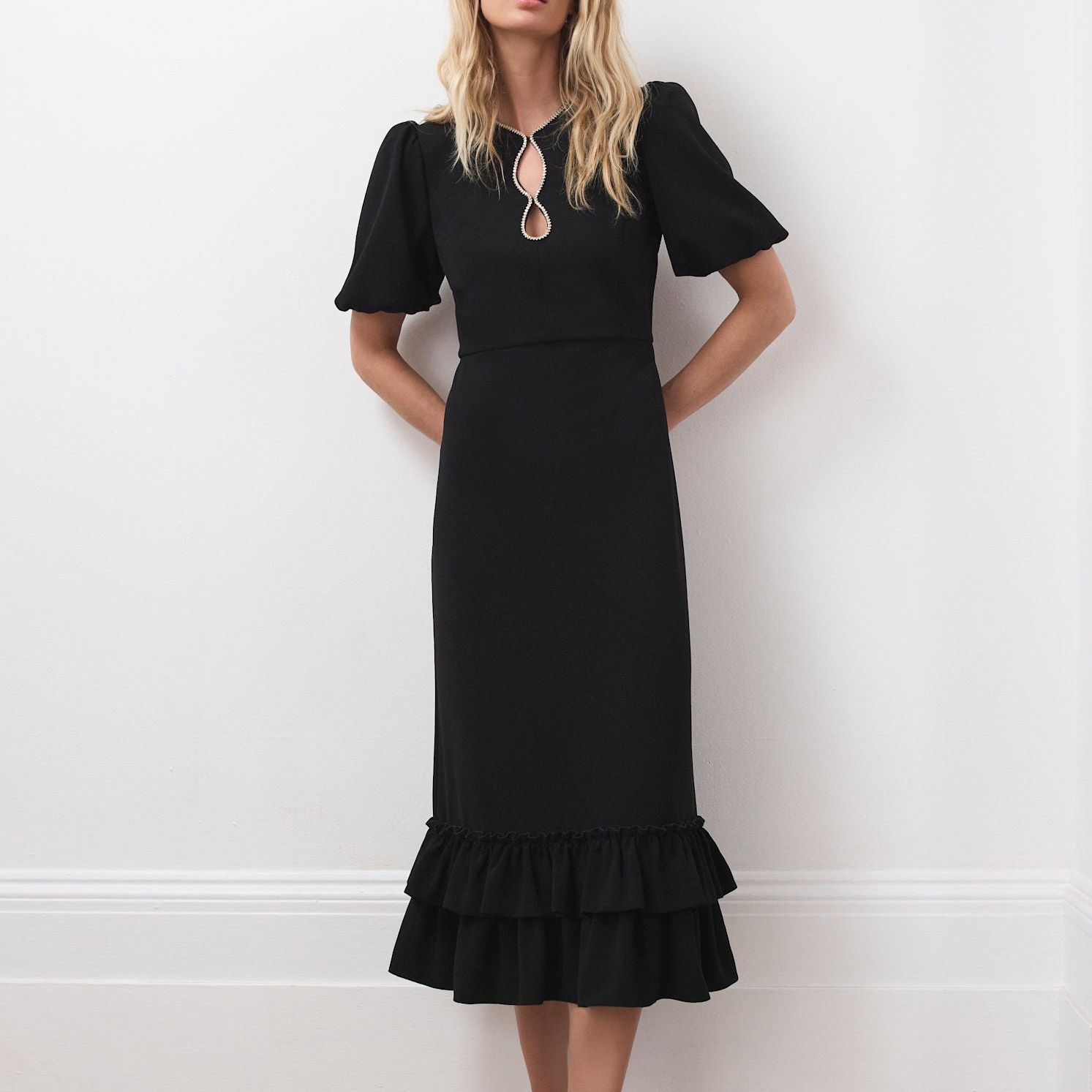 Black Diamante Trim Midi Dress