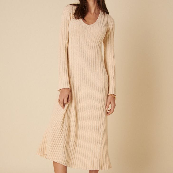 Beige A-Line Knitted Dress