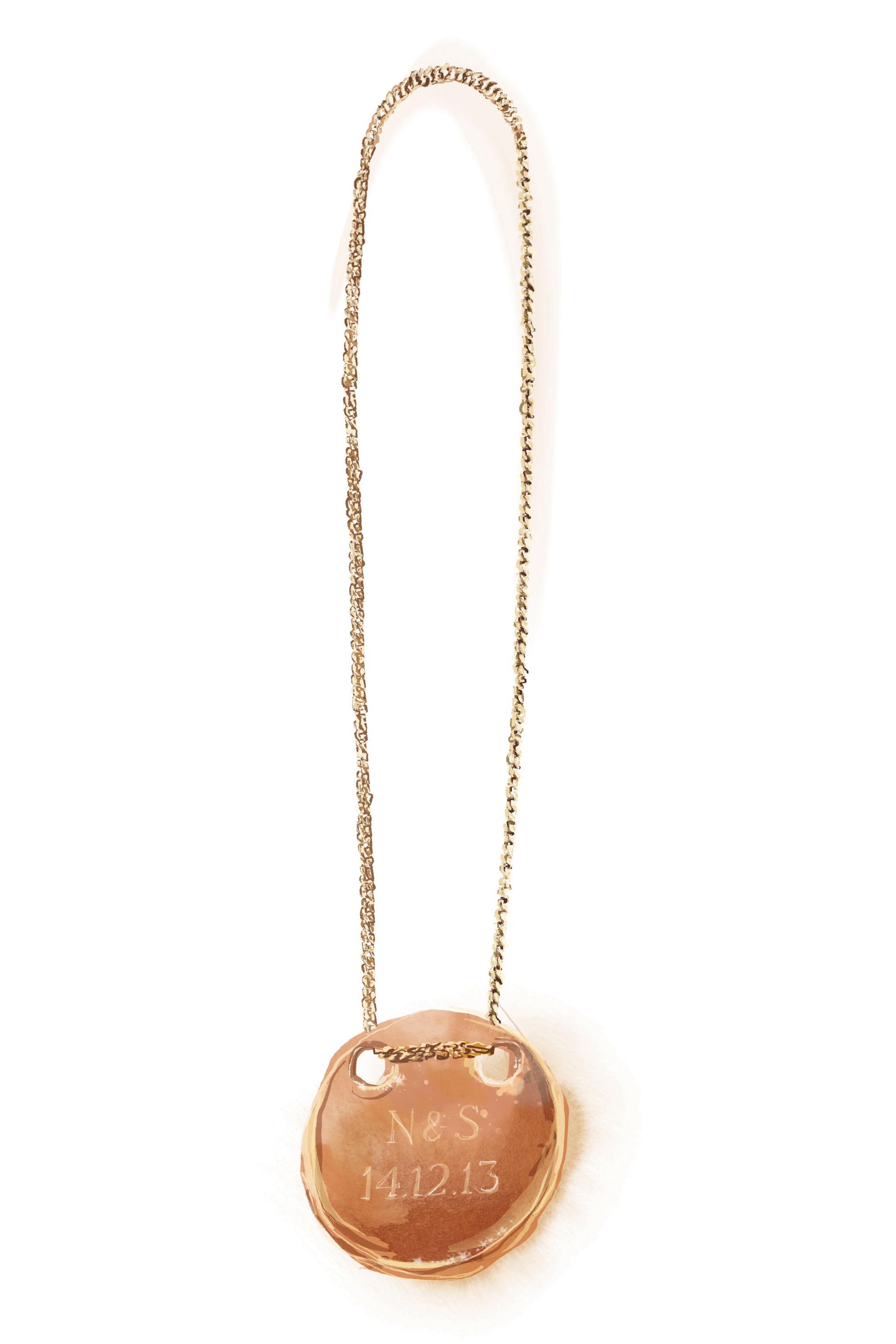 Illustration of a small gold, circular pendant on a fine gold chain