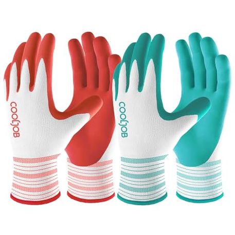 Cooljob 2 Pairs Gardening Gloves for Women Ladies, Breathable Rubber Coated for Yard Garden, Outdoor Indoor Protective Work With Grip, Medium Size, Red &amp;amp; Green