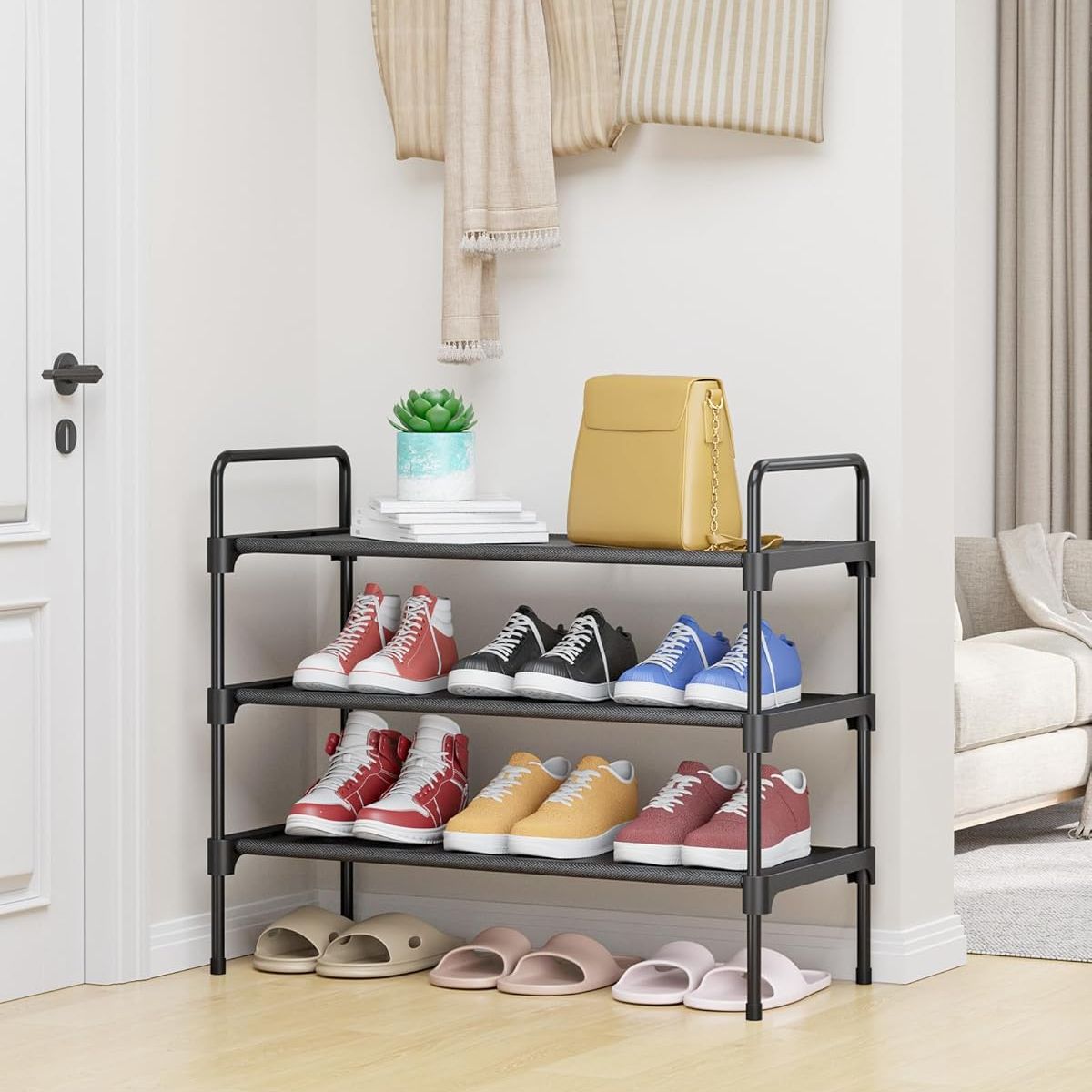 Kitsure Shoe Rack for Closet, Sturdy Shoe Storage for Entryway, Space-Saving Shoe Rack Small and Shoe Shelf, 70.0 Cm Wide - 3 Tiers, Black