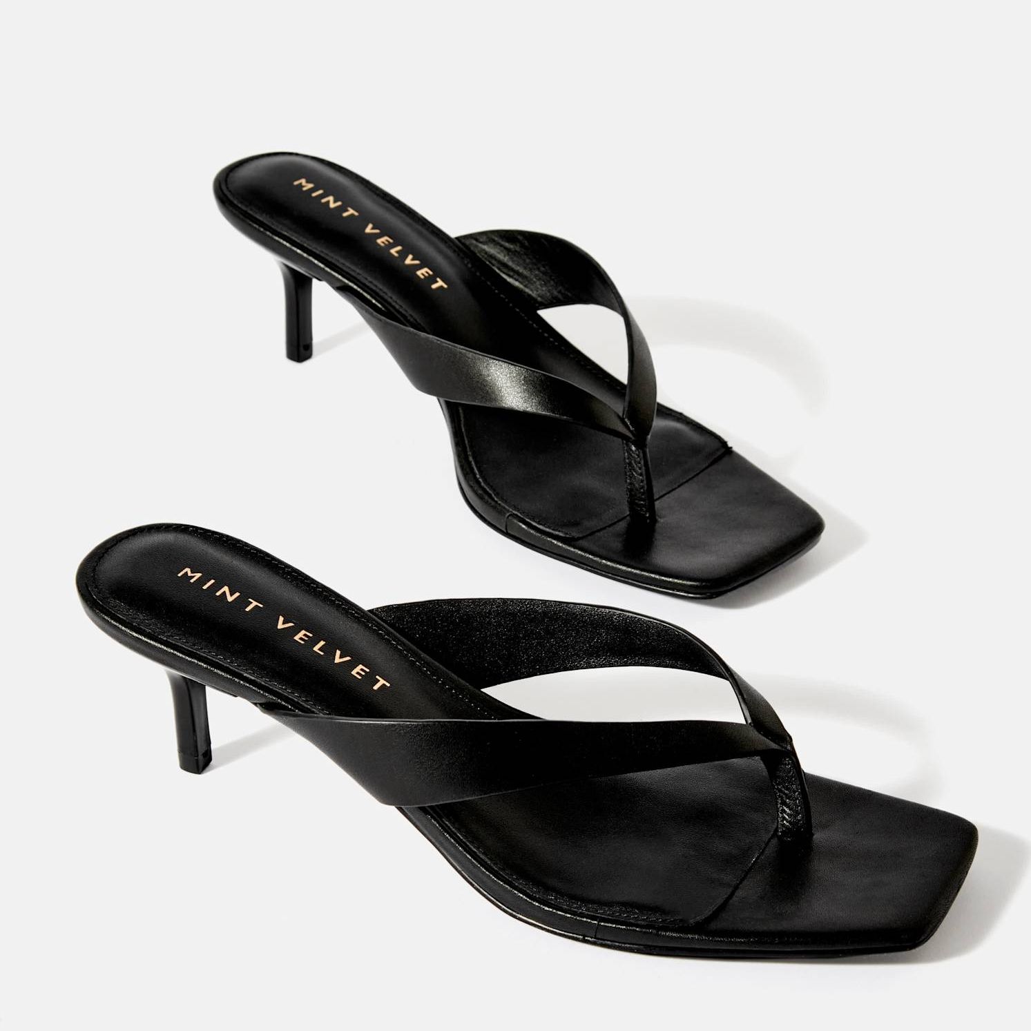 Betty Black Leather Flip Flop Heels