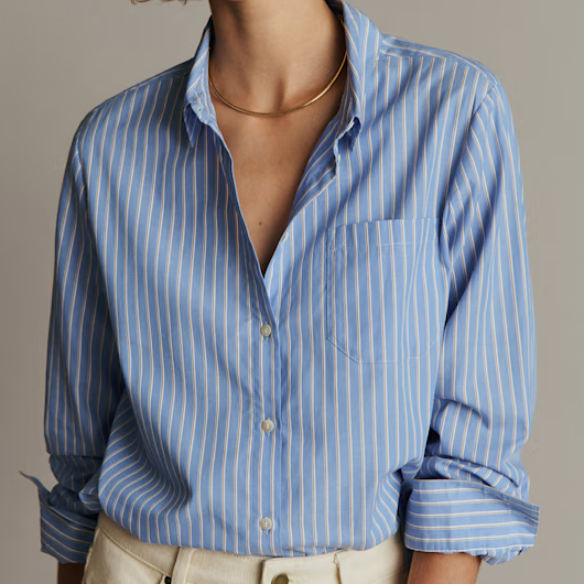 S&amp;eacute;zane, Blue Pinstripe Shirt