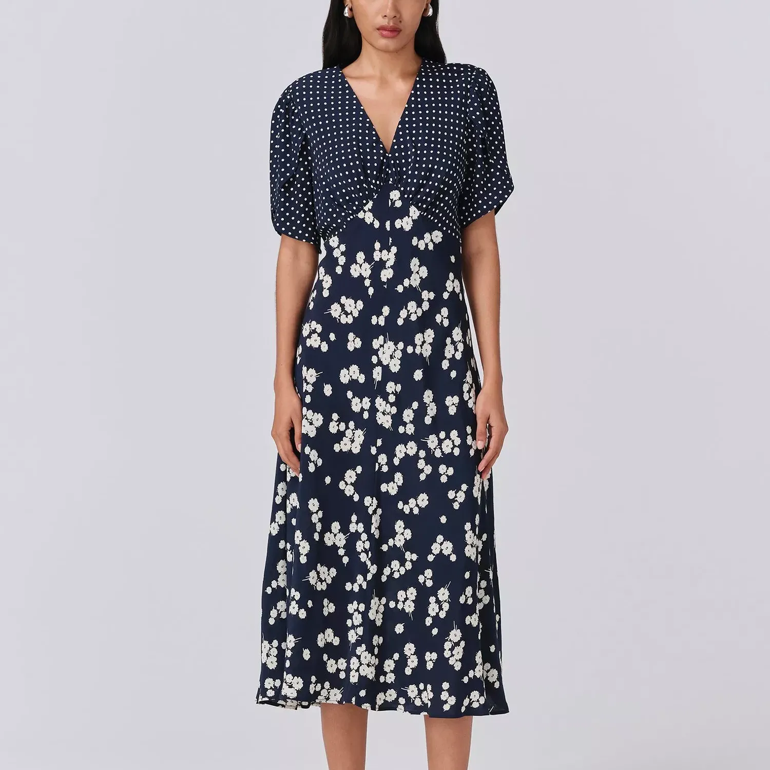 Ghost Lulu Polka Dot Floral Midi Dress, Black