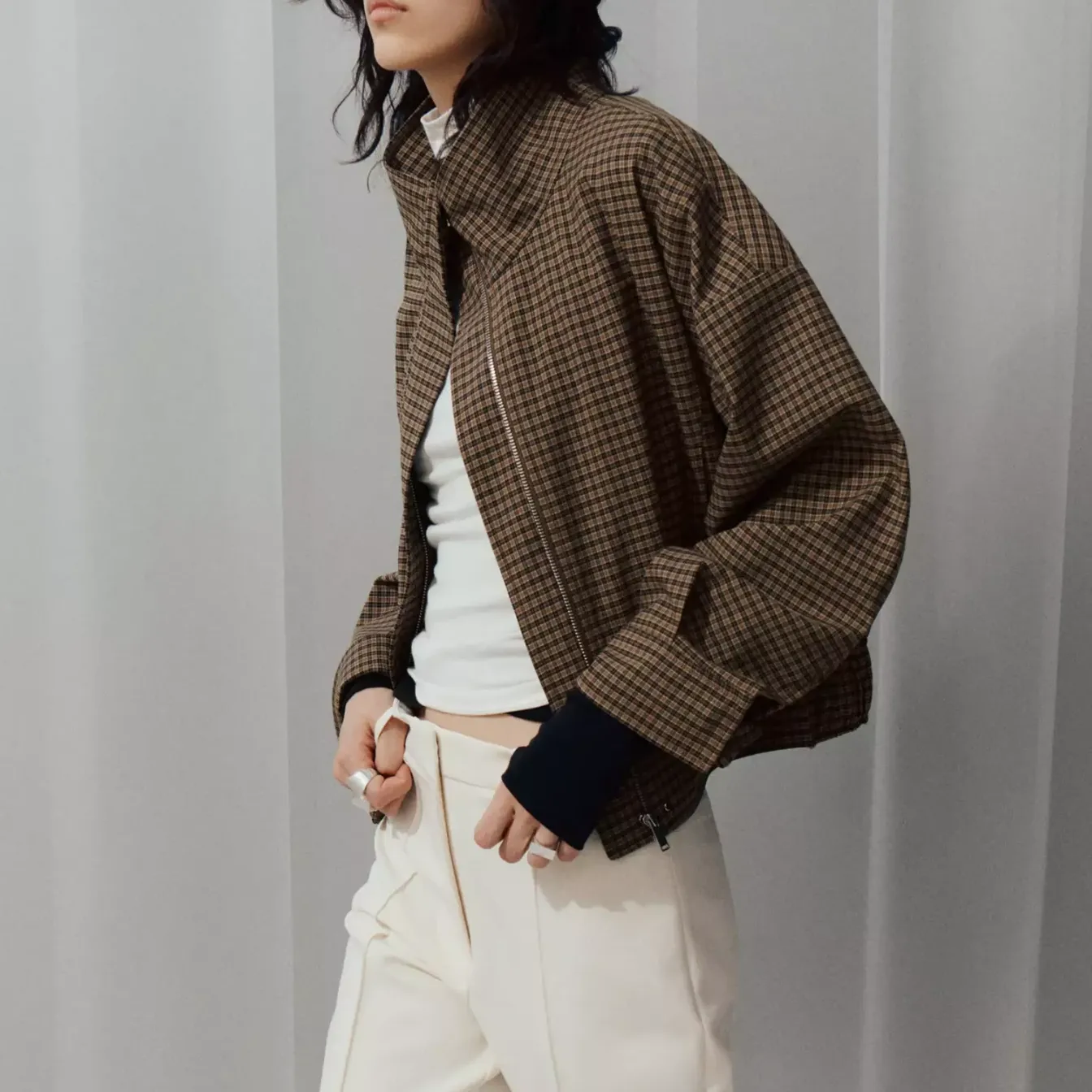 Checked Jacket With Funnel Neck - Women | Mango United Kingdom