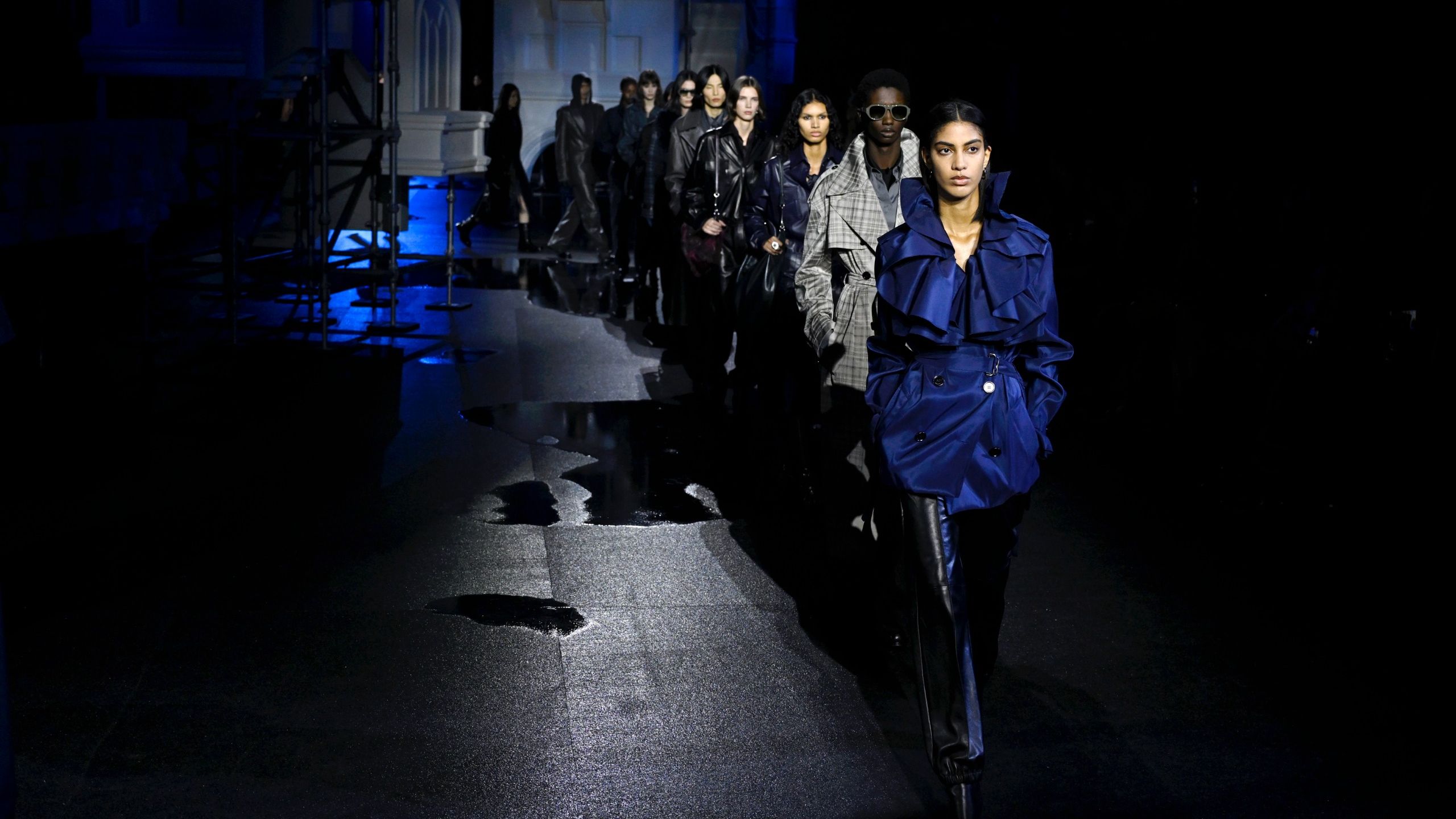 Models walk the runway at the Burberry show during London Fashion Week February 2026 at Old Billingsgate on February 23, 2026 in London, England