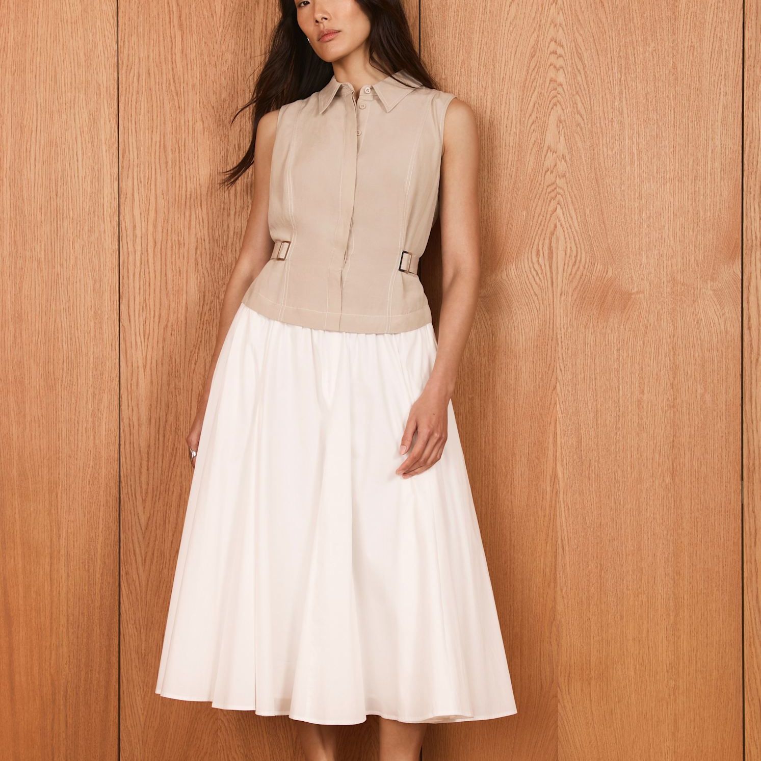 Neutral Waistcoat Layered Midi Dress