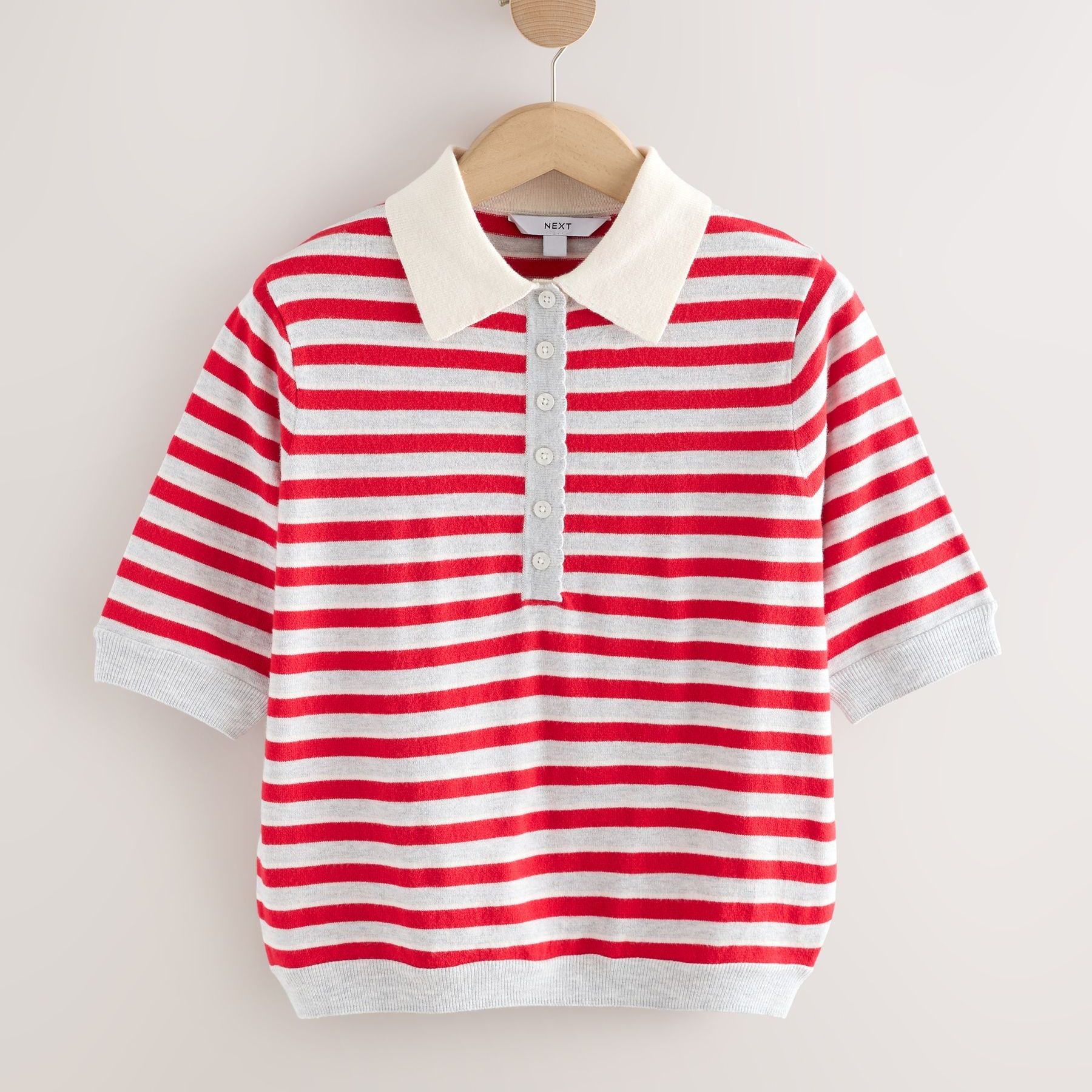 Grey/red Striped Knit Look Short Sleeve Polo Top - Size X-Small