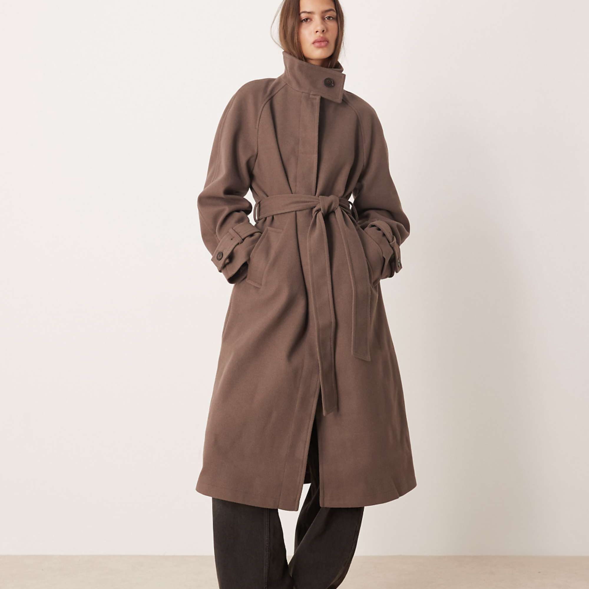 Asos Design Funnel Neck Longline Formal Trench Coat in Mushroom