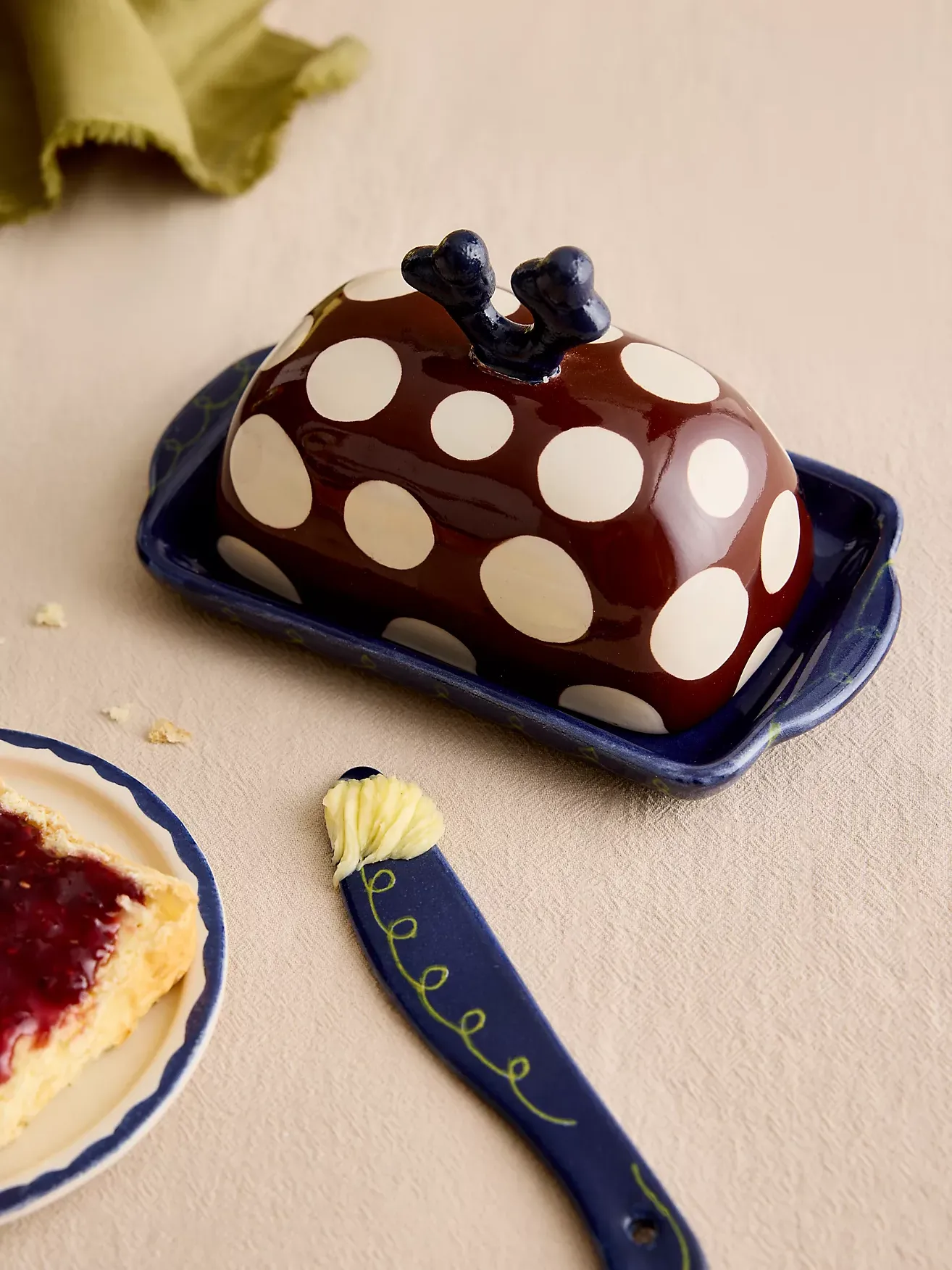Damson Madder Spot Butter Dish &amp;amp; Spreader