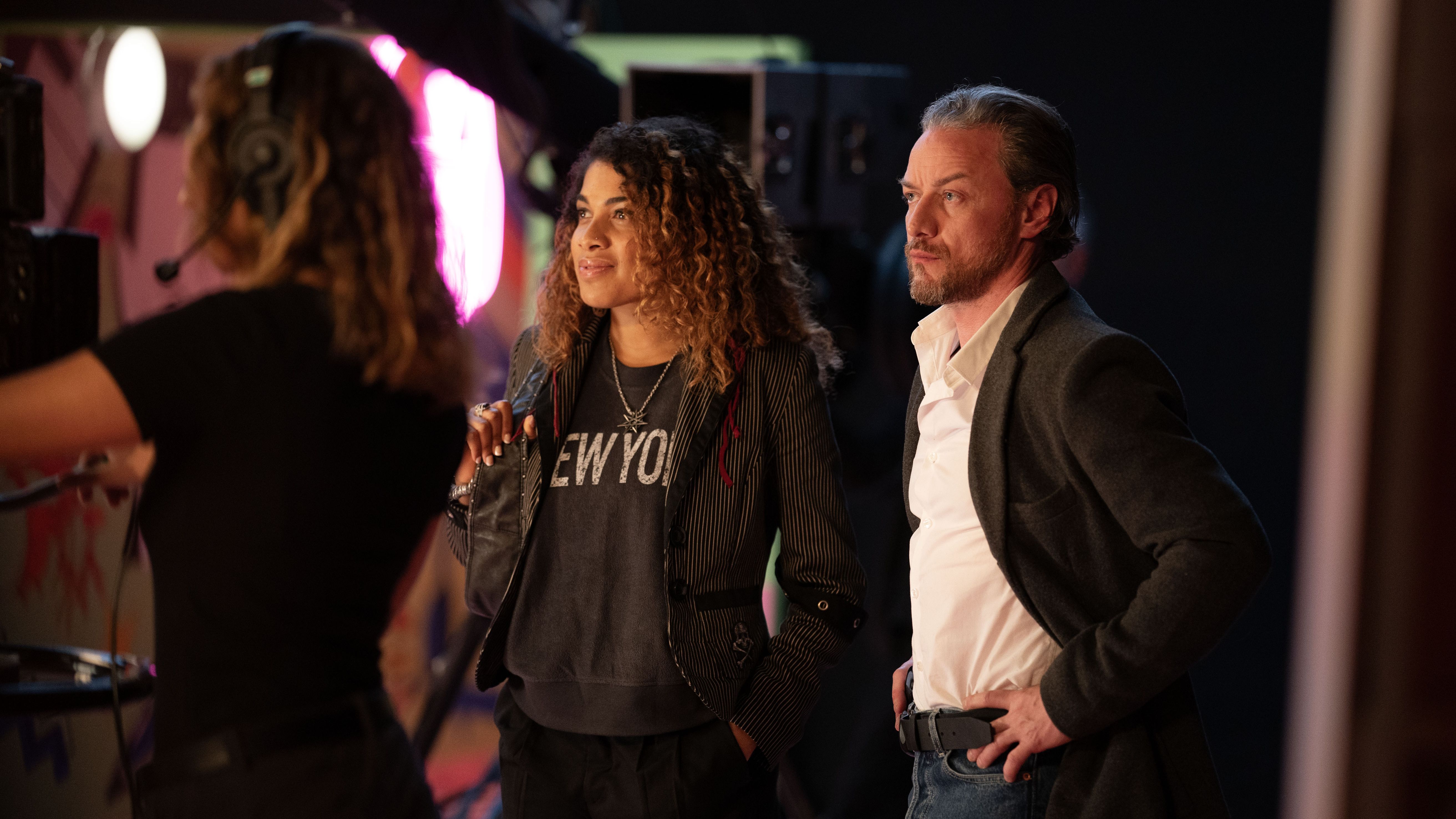 an image of Rebekah Murrell and James McAvoy in california schemin', standing in a studio behind the scenes at a recording