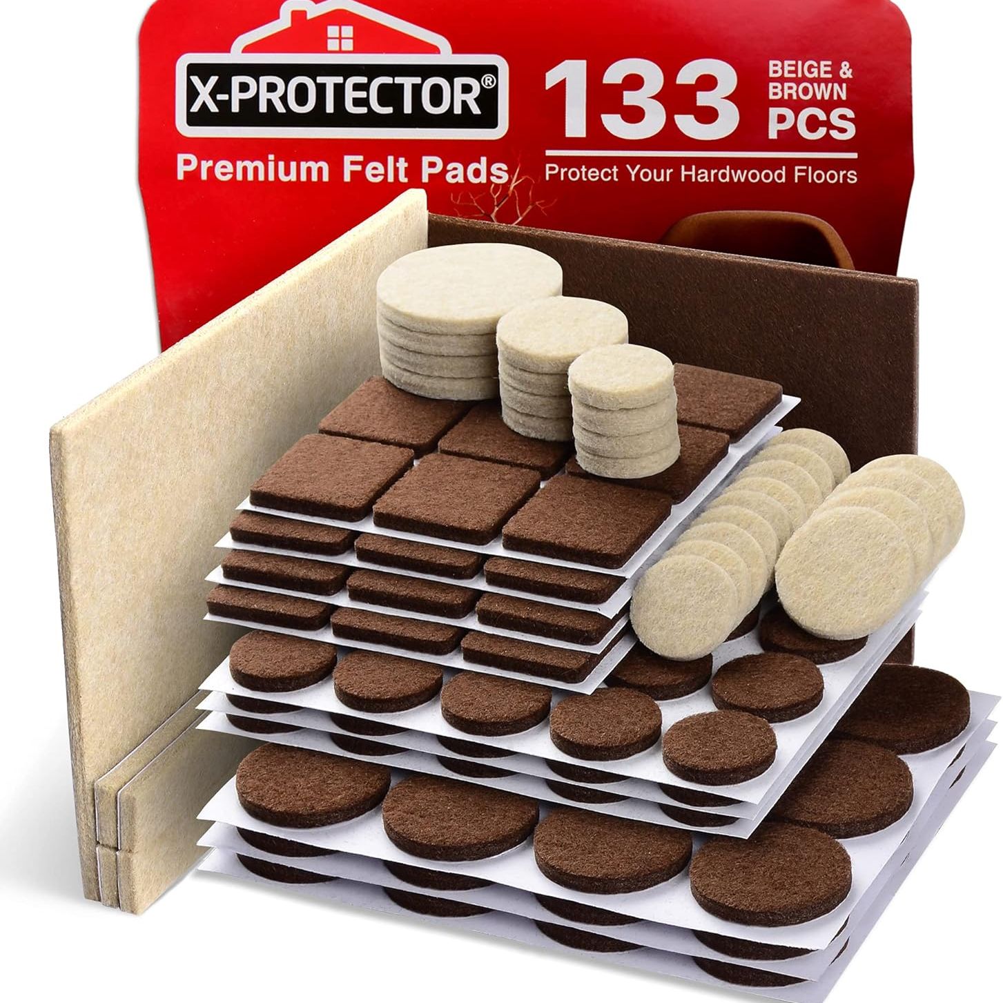 X-Protector Premium Two Colors Pack Furniture Pads 133 Piece! Felt Pads Furniture Feet Brown 106 + Beige 27 Various Sizes - Best Wood Floor Protectors. Protect Hardwood &amp;amp; Laminate Flooring