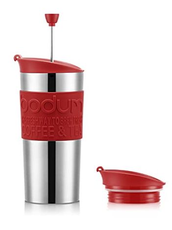 Bodum Travel Press Set K11067-04 Insulated Plunger Mug Double-Walled Stainless Steel With Extra Lid 0.35 L,red