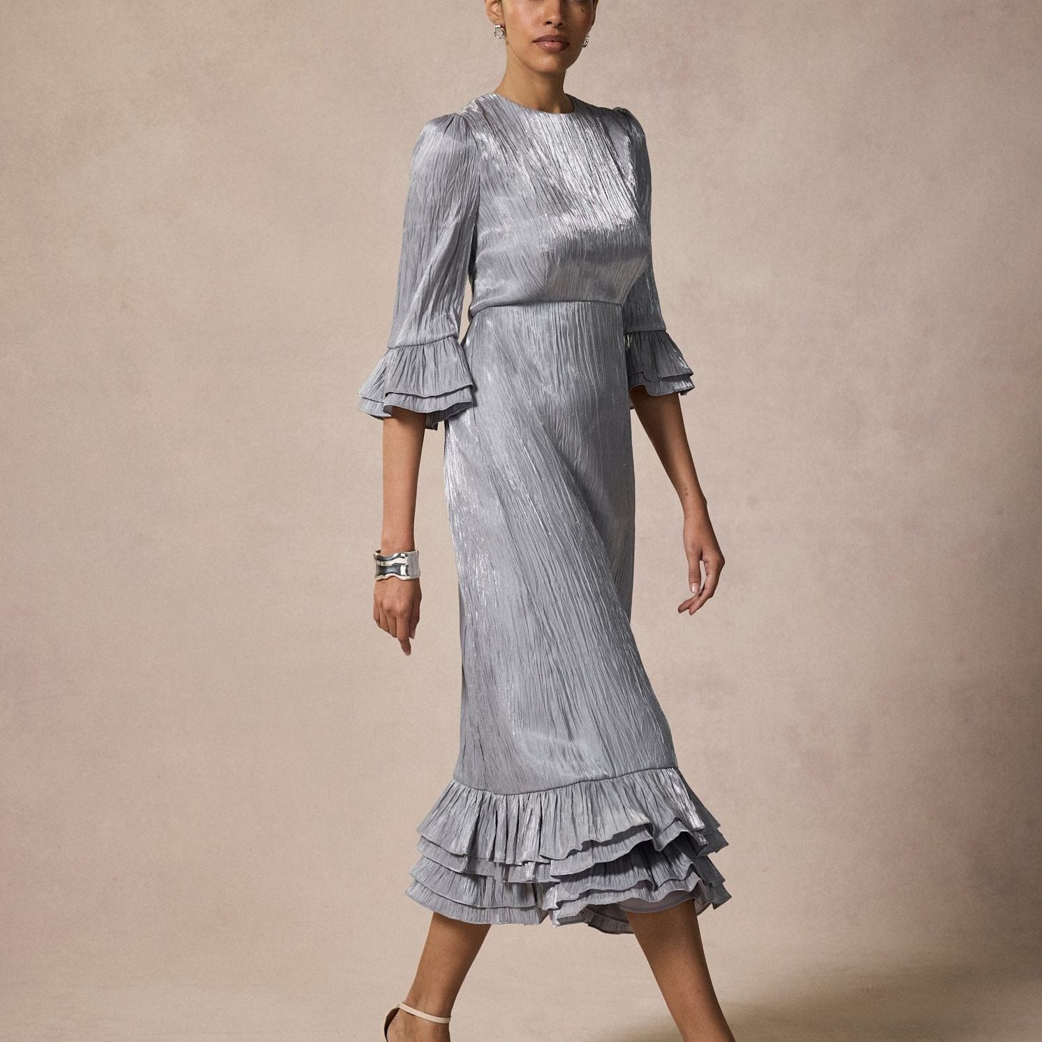 Silver Metallic Ruffle Midi Dress