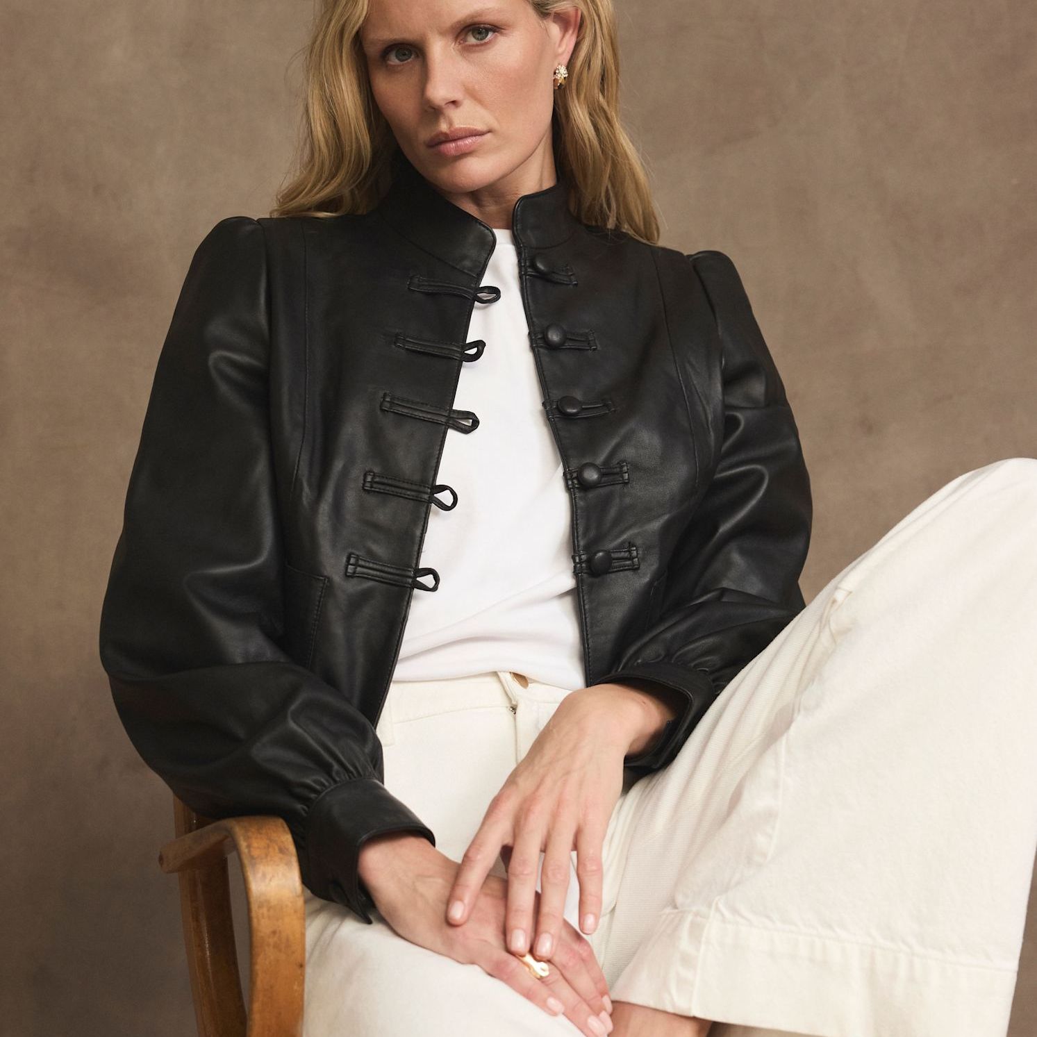 Black Leather Stand Collar Jacket