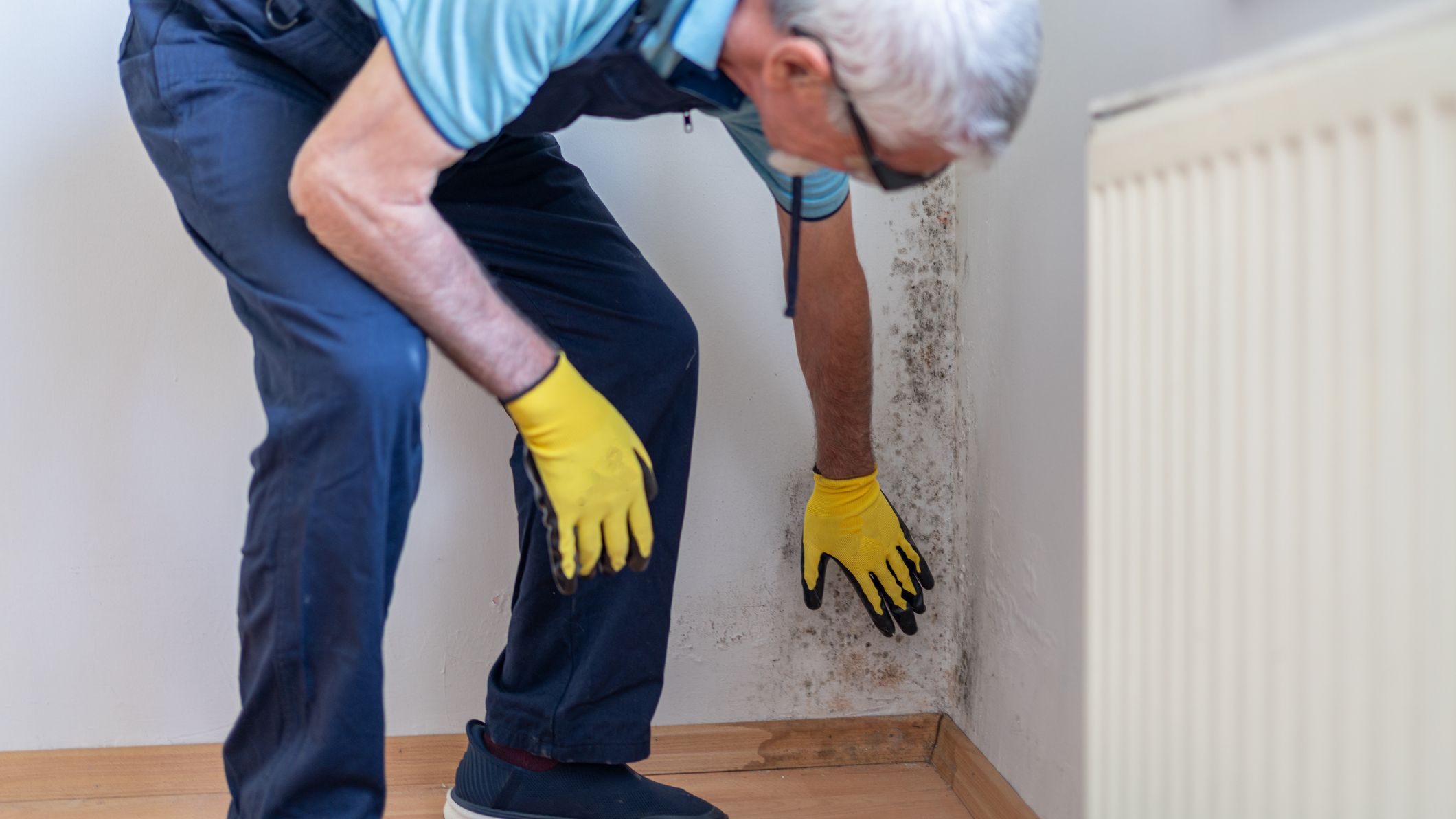 A man inspects a corner of a room with evidence of mold.