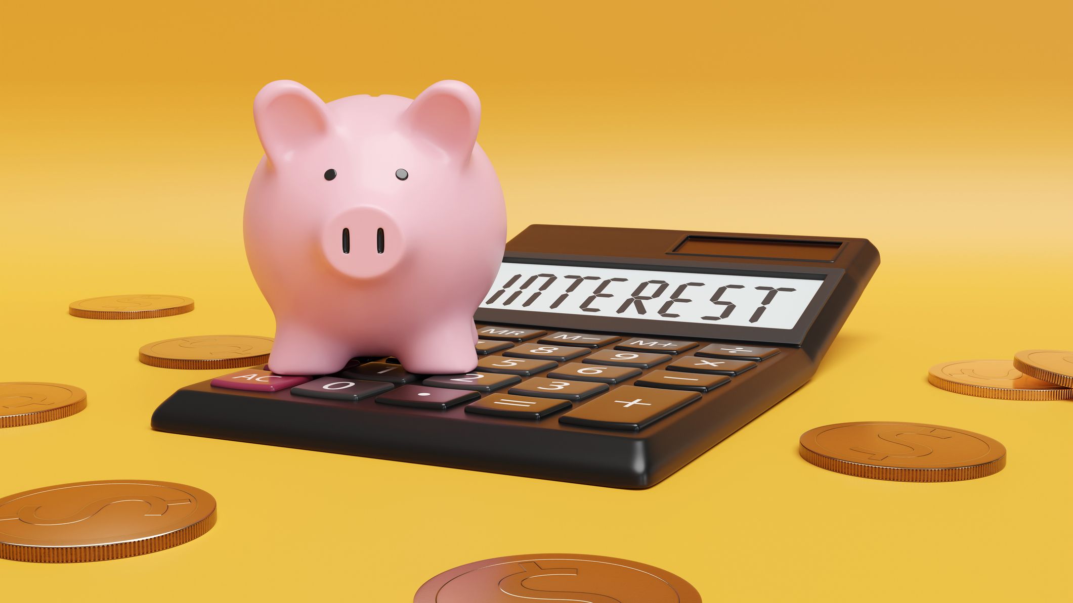 Pink piggy bank on a calculator showing the word INTEREST surrounded by gold coins on yellow background.
