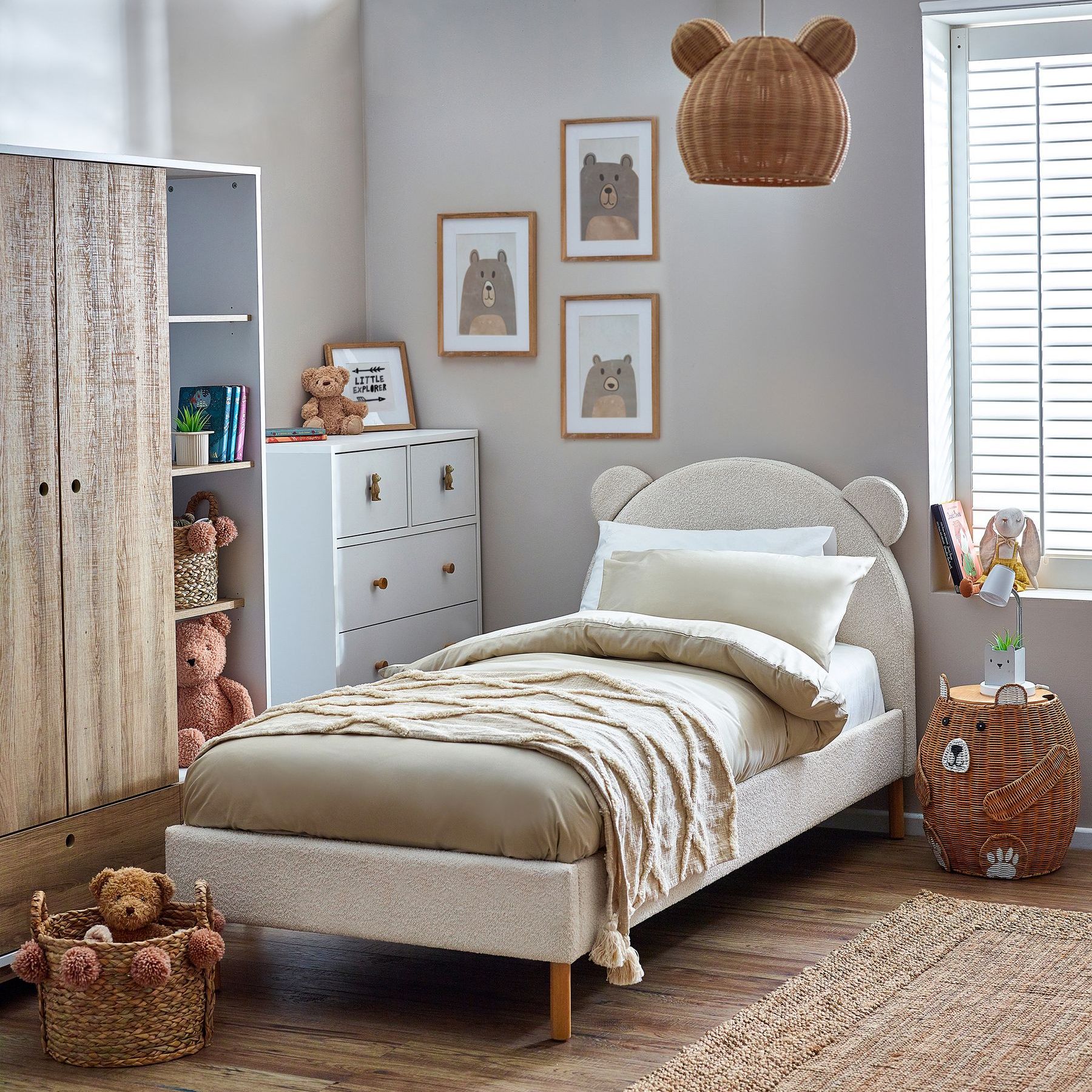 Casual Boucle Natural Oyster Bertie Bear Kids Upholstered Single Bed Frame
