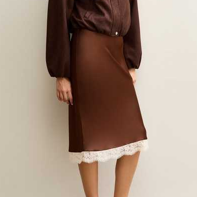 New Look brown lace trim midi skirt