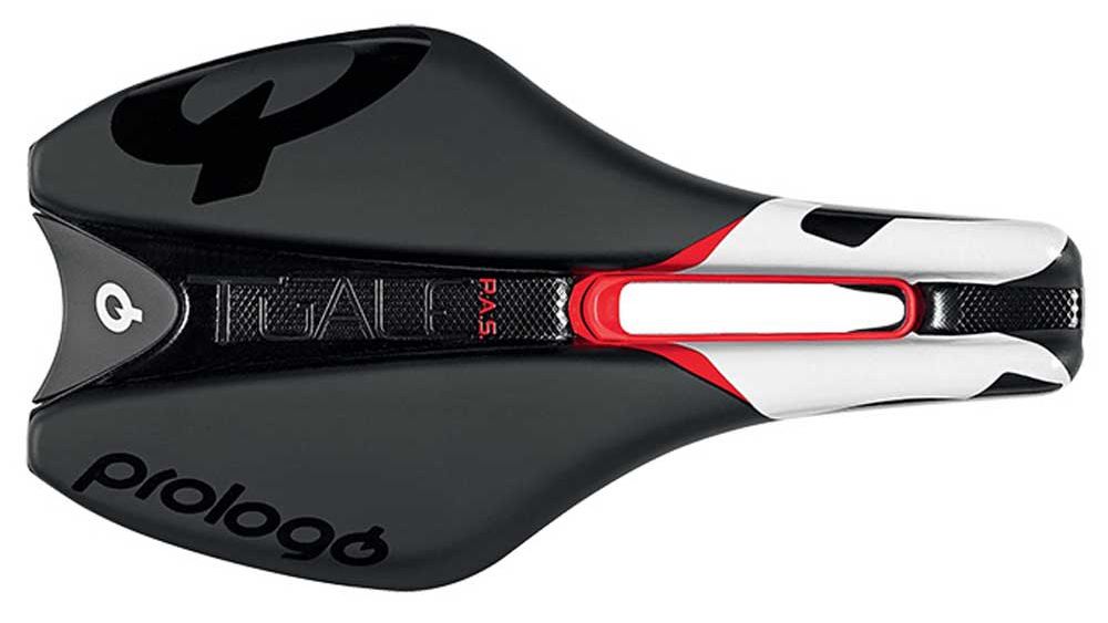 A black and red Prologo T-Gale Pas triathlon saddle on a white background