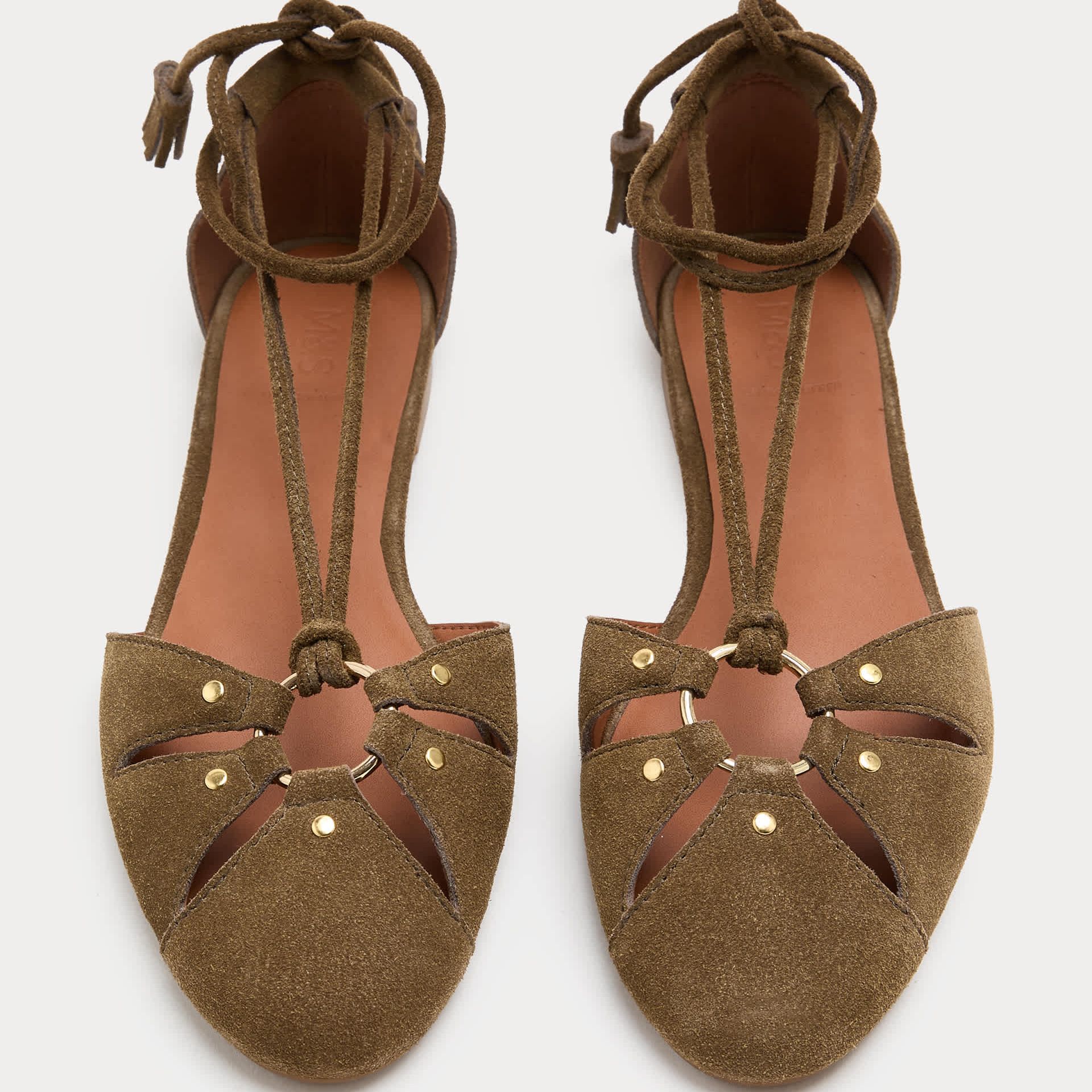 Suede Ring Detail Tie Up Flat Shoes