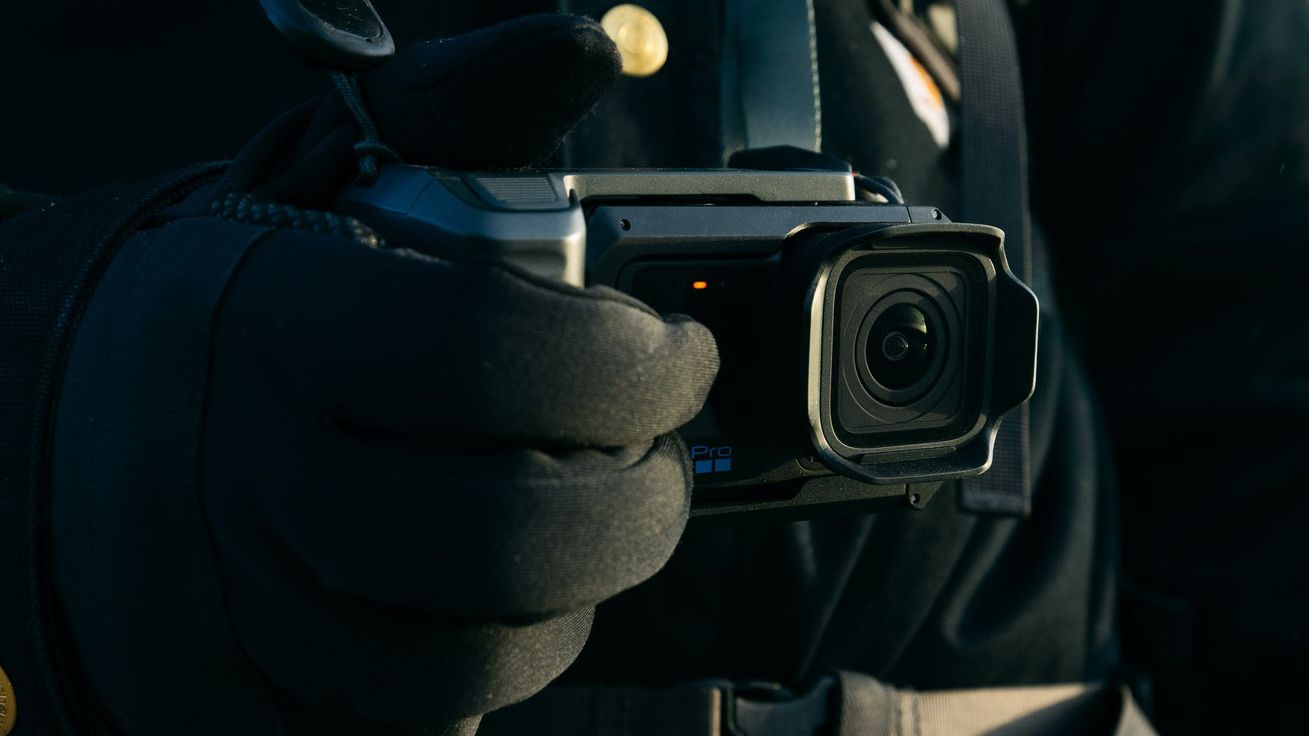 The GoPro Mission 1 Pro with the point-and-shoot grip accessory