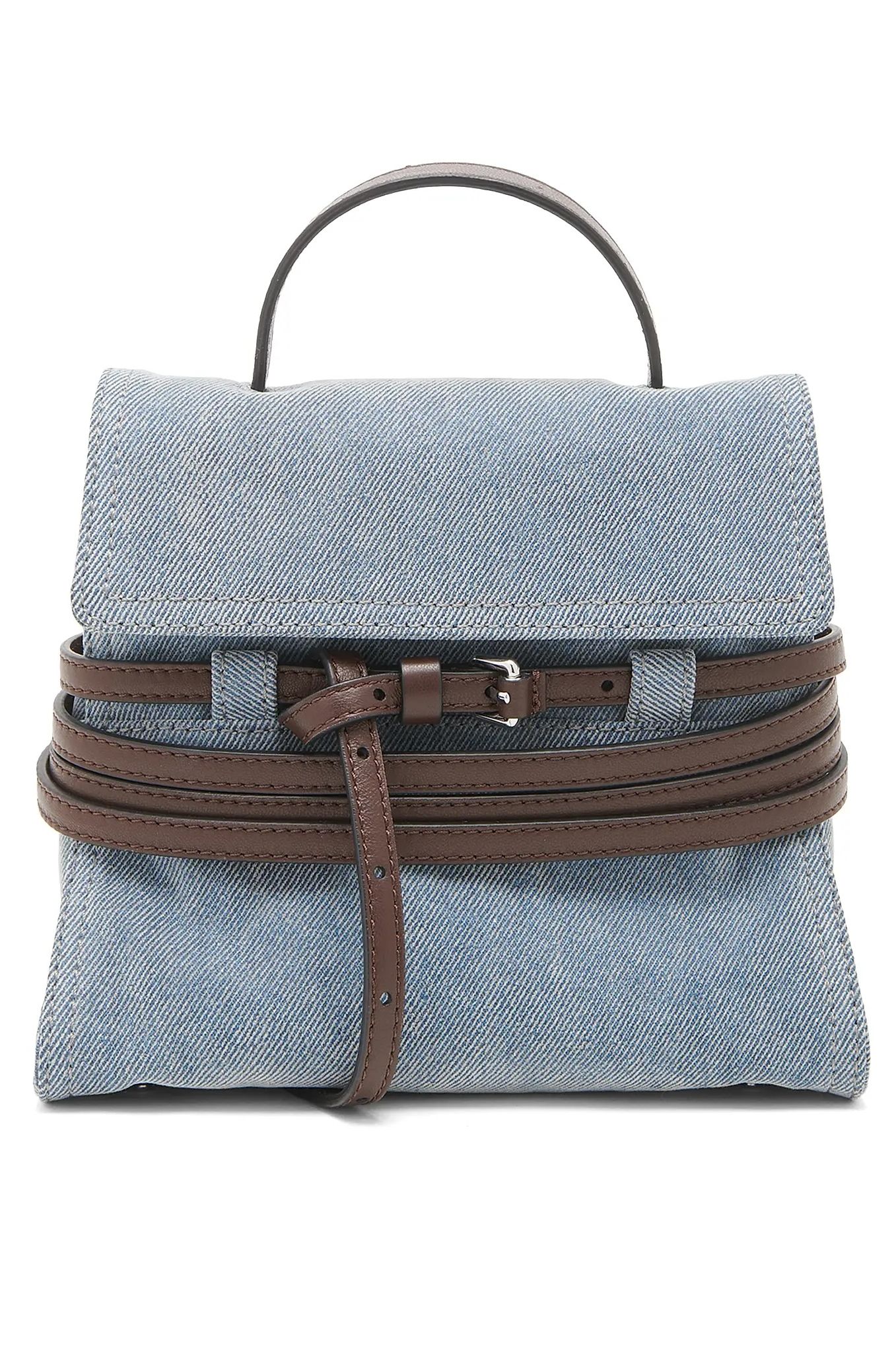 Moschino Tie Me Flocked Denim-Leather Satchel