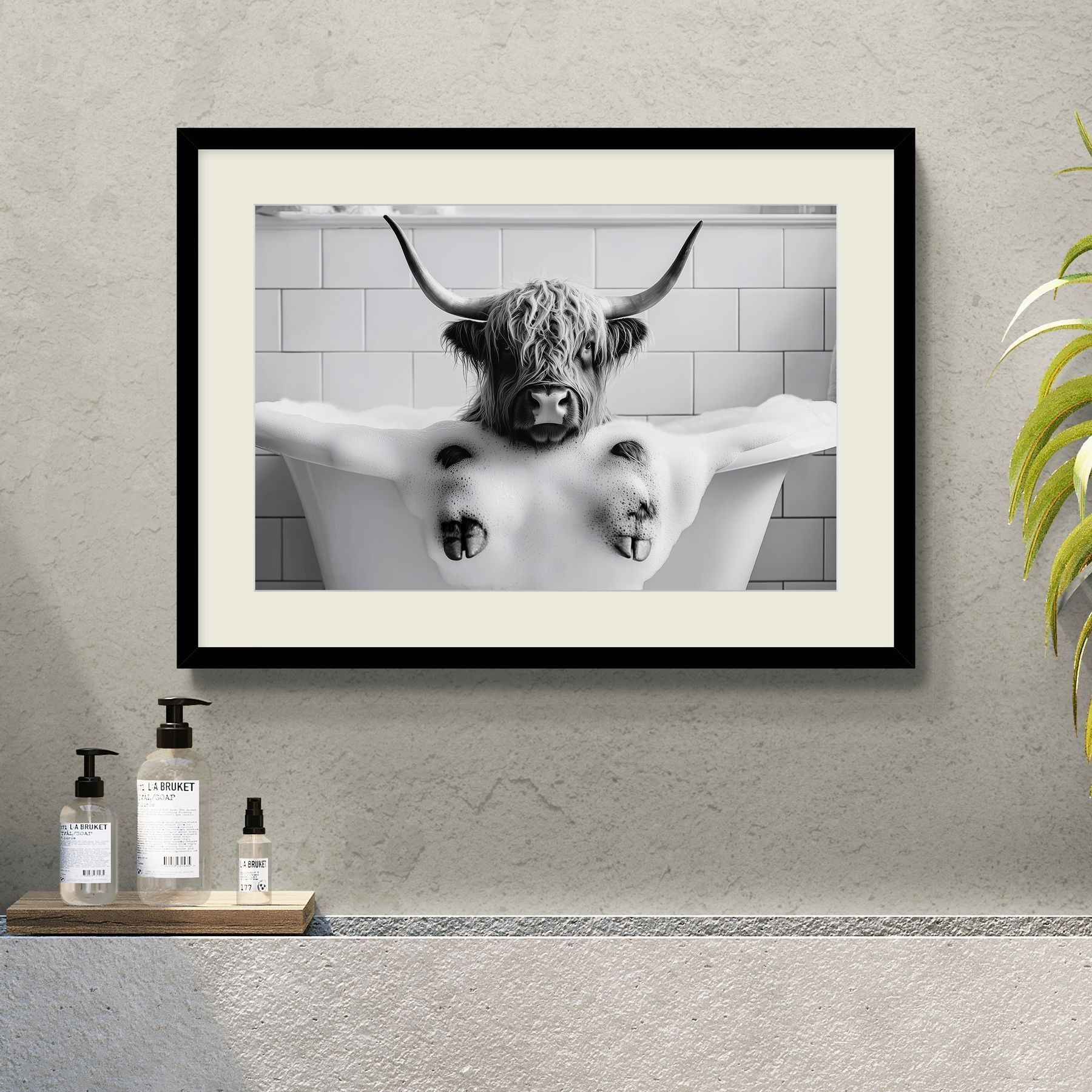 Artko Black Mood for a Soak Highland Cow in Bath Framed Art