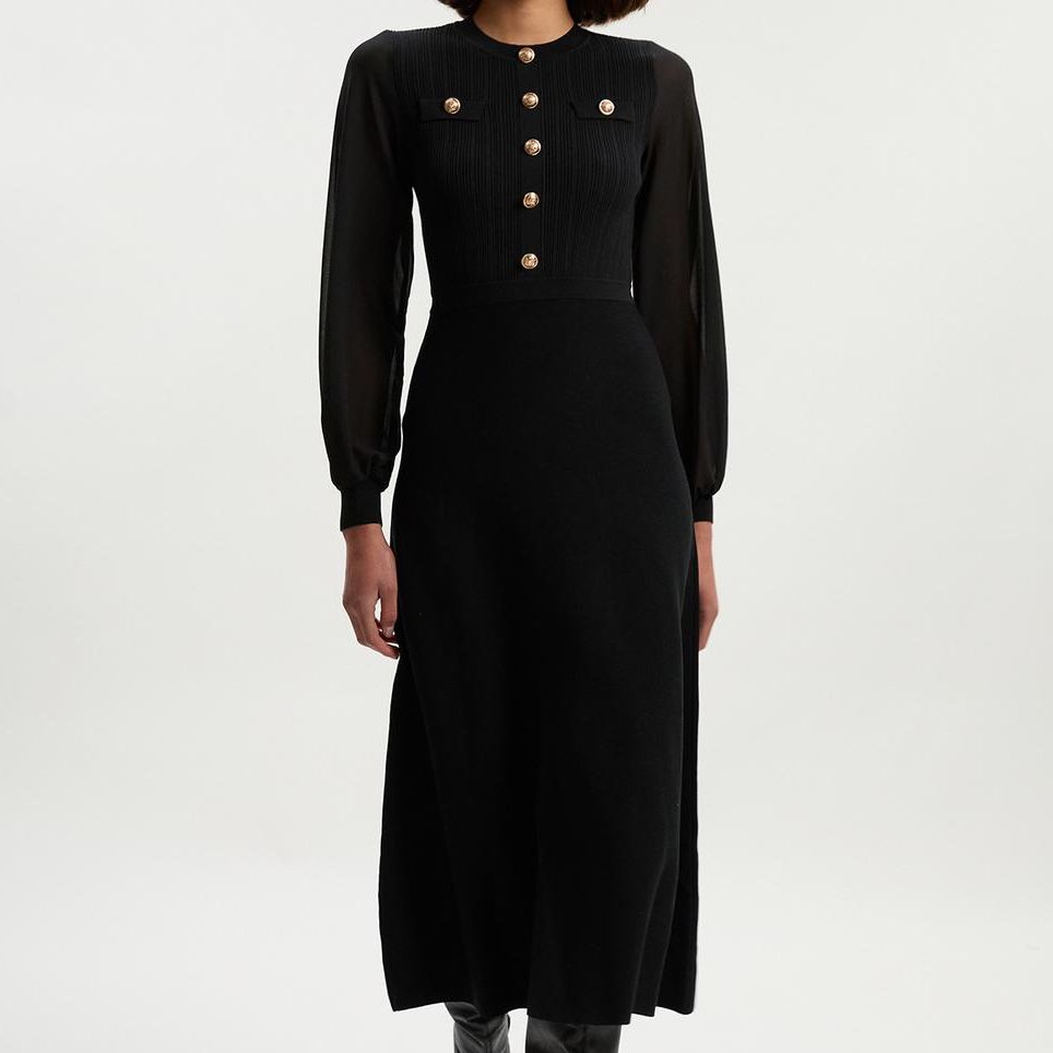 Viscose Blend Maxi Knit Dress With Chiffon Sleeve Military Trim