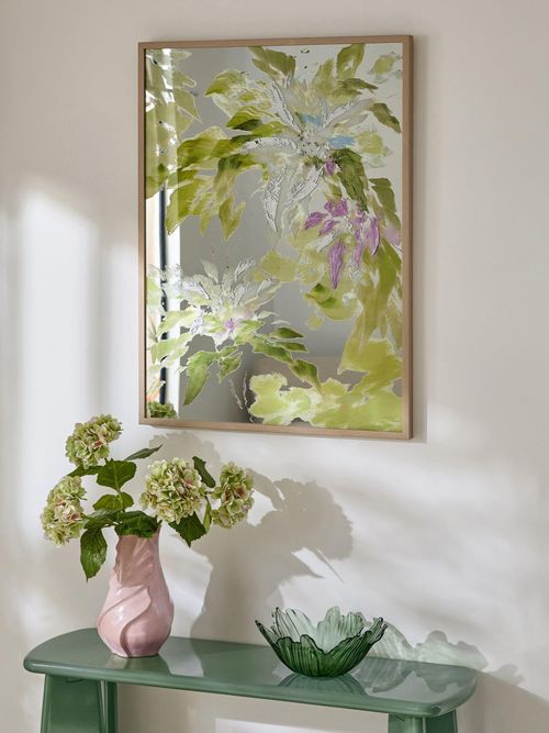 Green Floral Hand Paint Detail Mirror Framed Wall Art