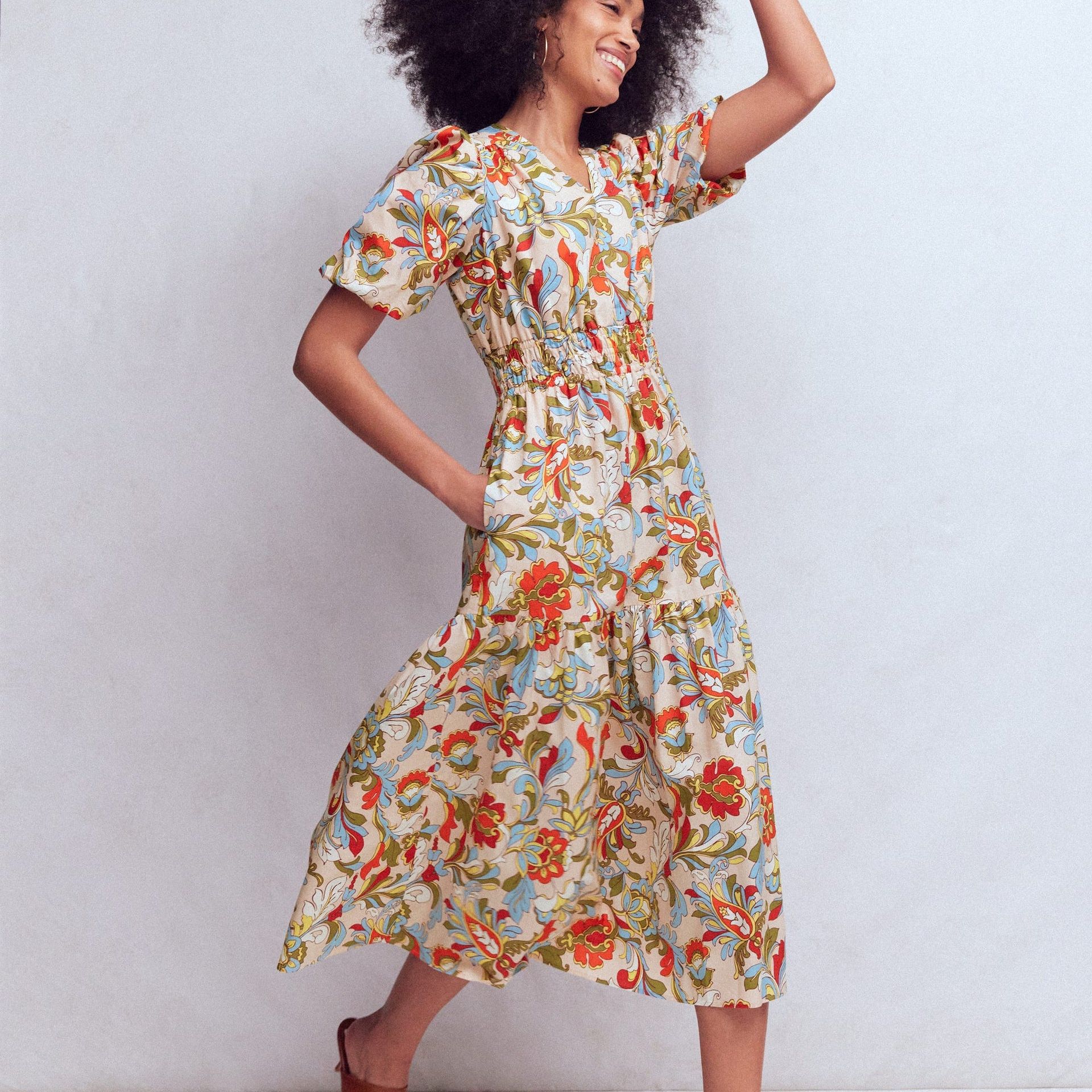 Irene Puff Sleeve Cotton Dress-Multi, Botanical Flourish