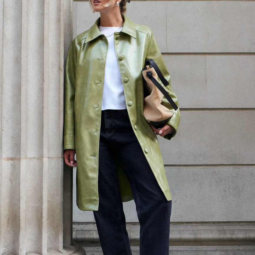 Petite Green Faux Leather Car Coat