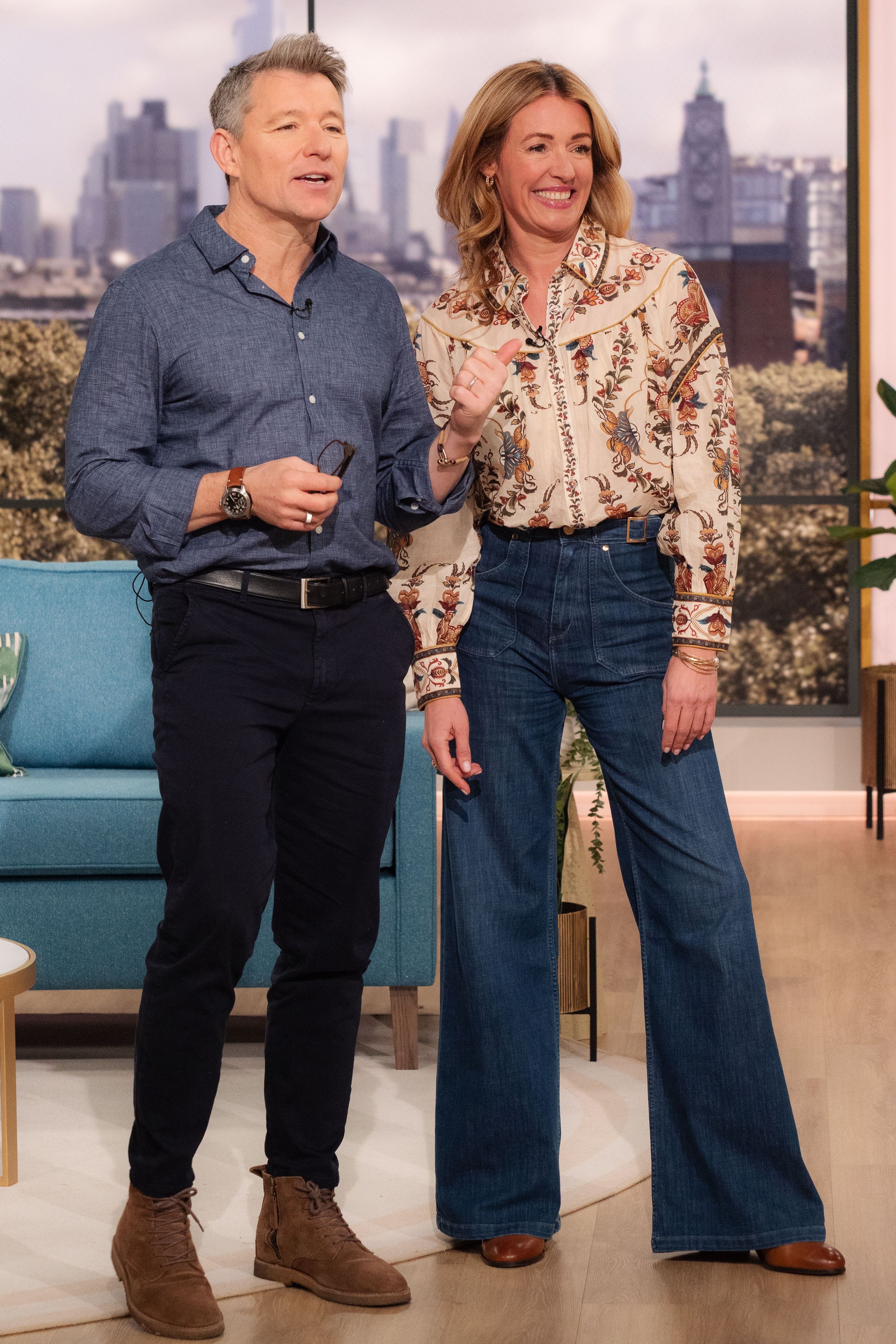 Cat Deeley wearing floral Farm Rio blouse and Donna Ida jeans on This Morning on 05 January, 2025