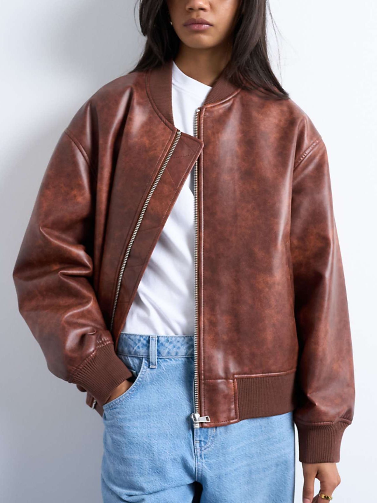 Topshop Faux Leather Vintage Wash Oversized Collarless Bomber Jacket in Tan