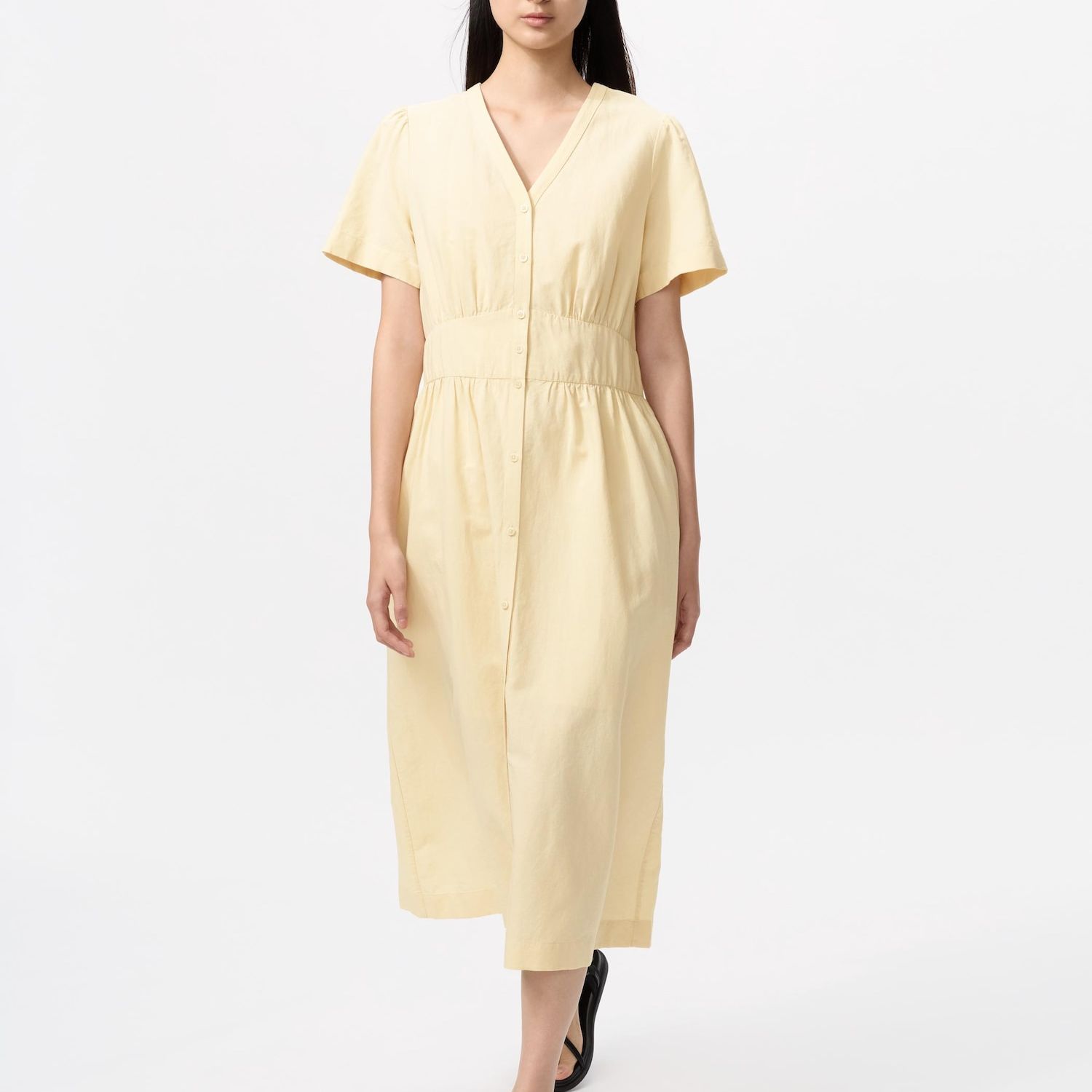 Linen Blend V Neck Dress (short Sleeve)
